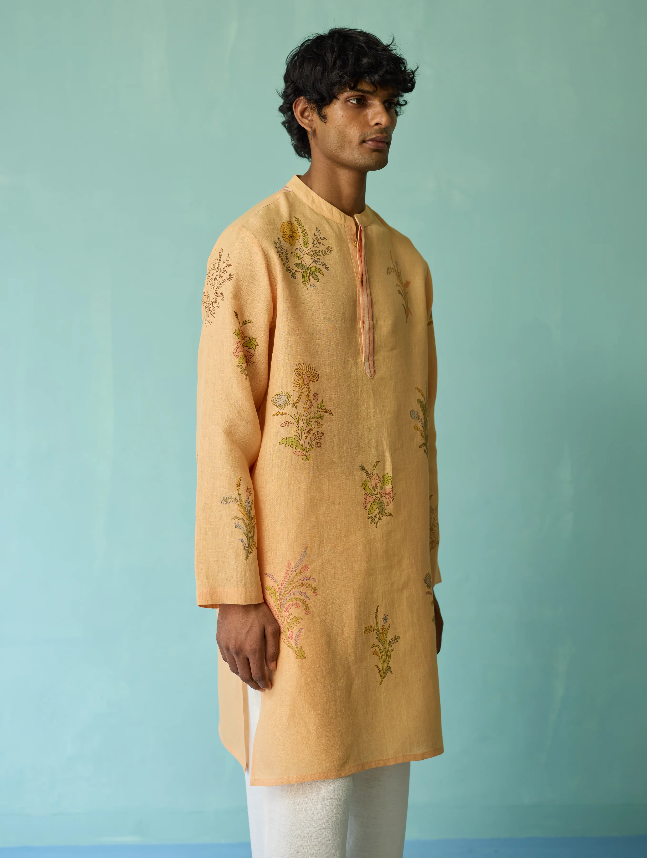 Farhan Block-Printed Floral Kurta Set - Apricot - Image 7