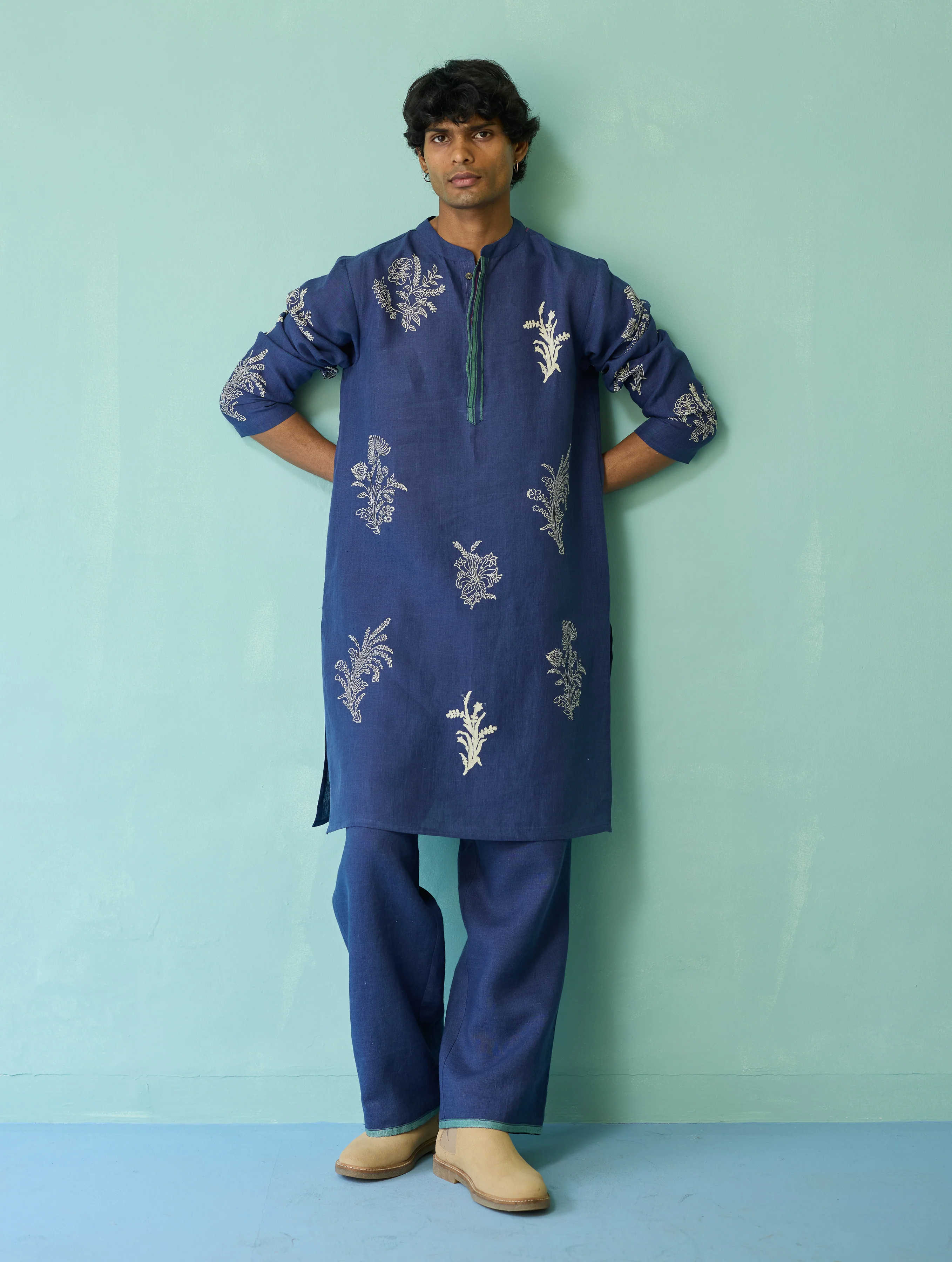 Farhan Block-Printed Floral Kurta Set - Indigo