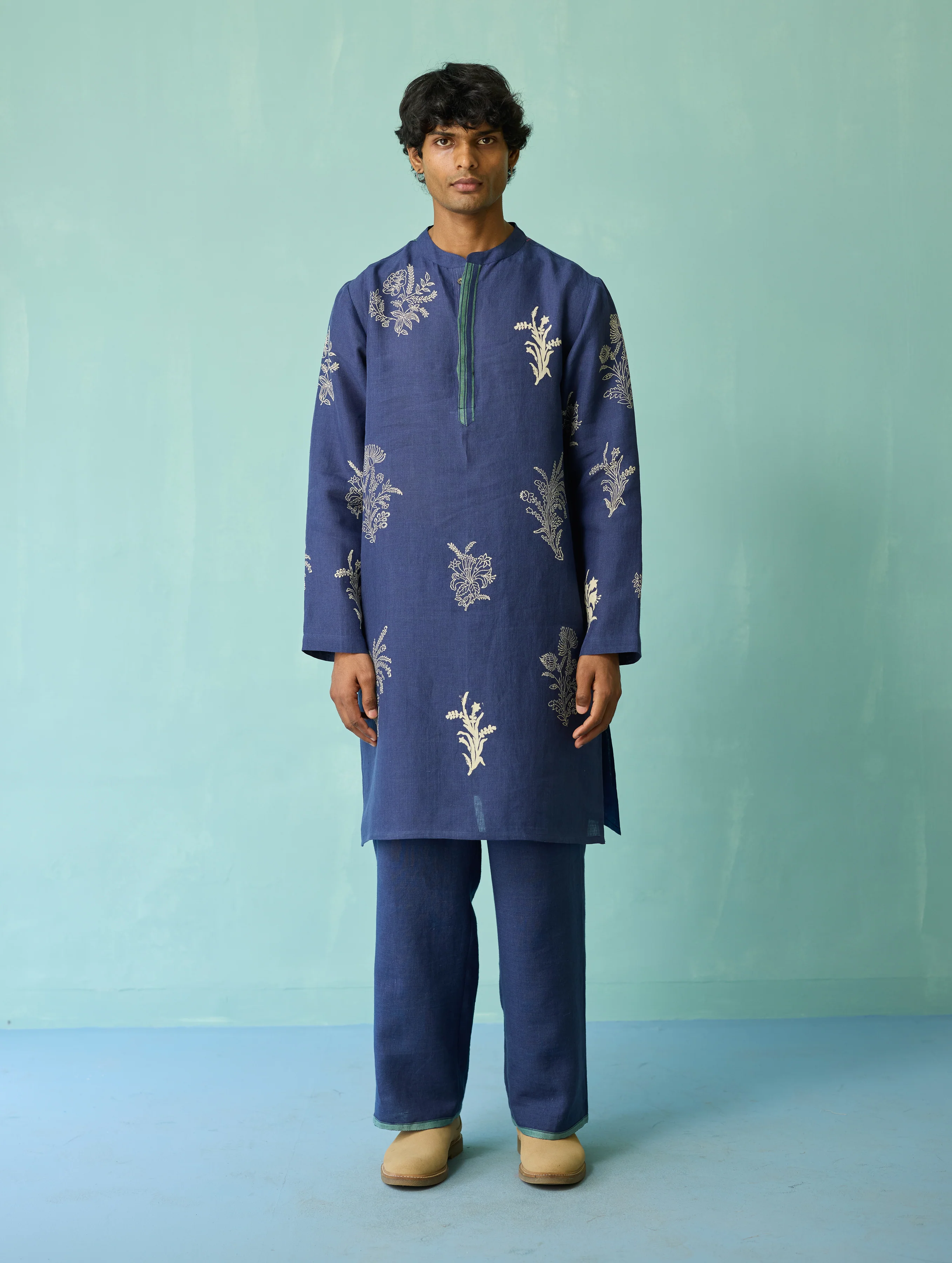 Farhan Block-Printed Floral Kurta Set - Indigo - Image 12