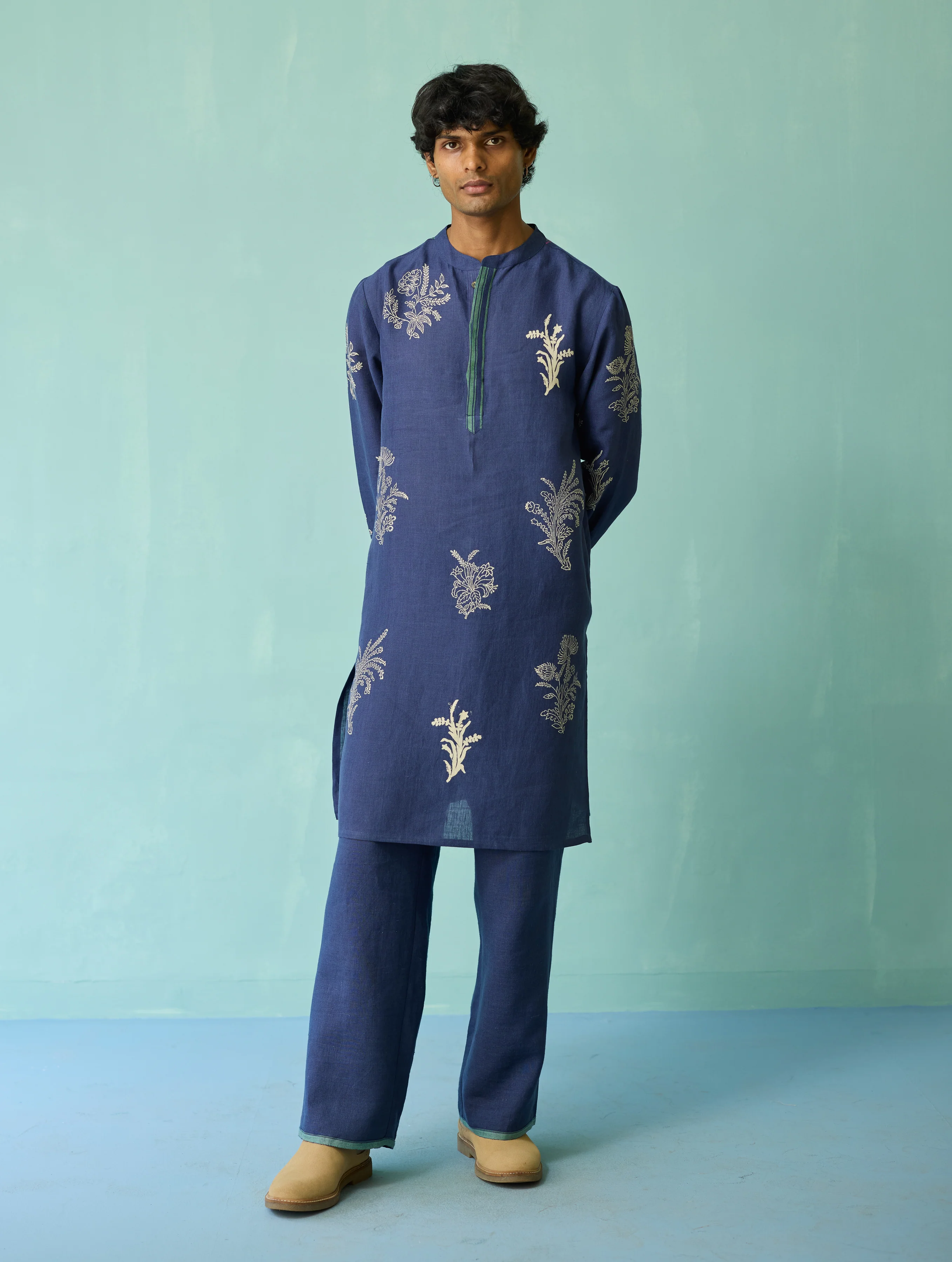 Farhan Block-Printed Floral Kurta Set - Indigo - Image 6