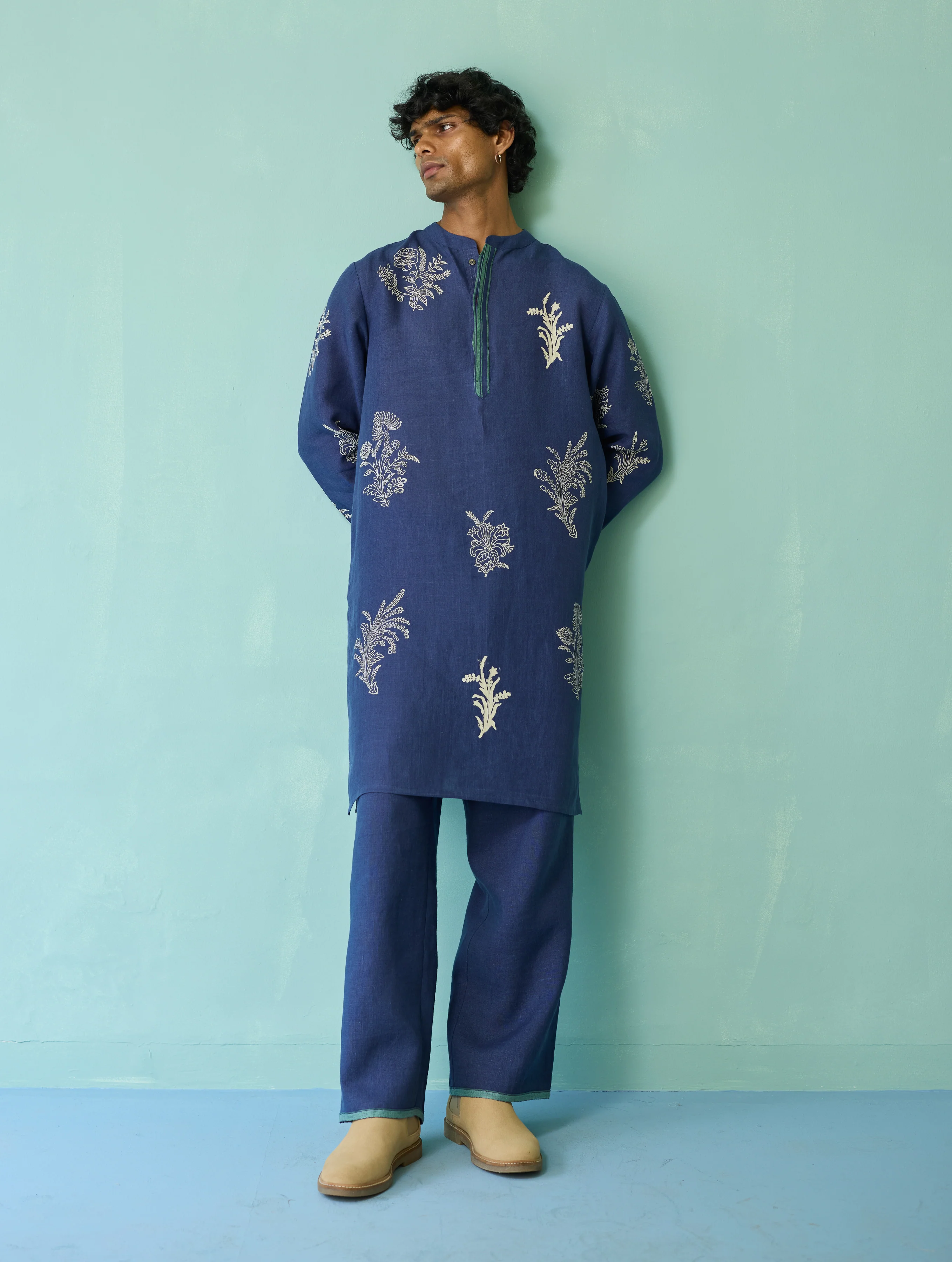 Farhan Block-Printed Floral Kurta Set - Indigo - Image 8