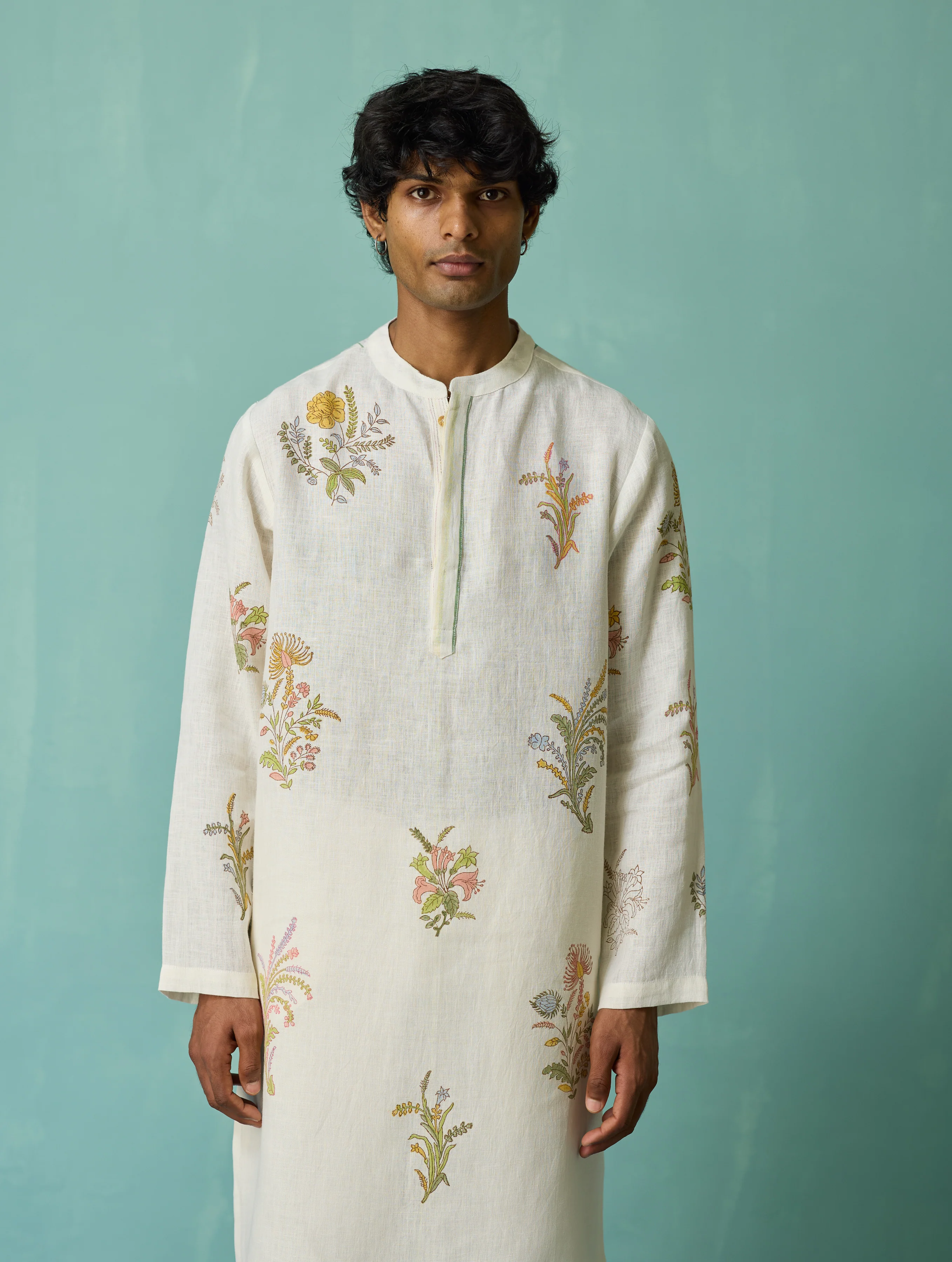 Farhan Block-Printed Floral Kurta Set - Ivory - Image 8