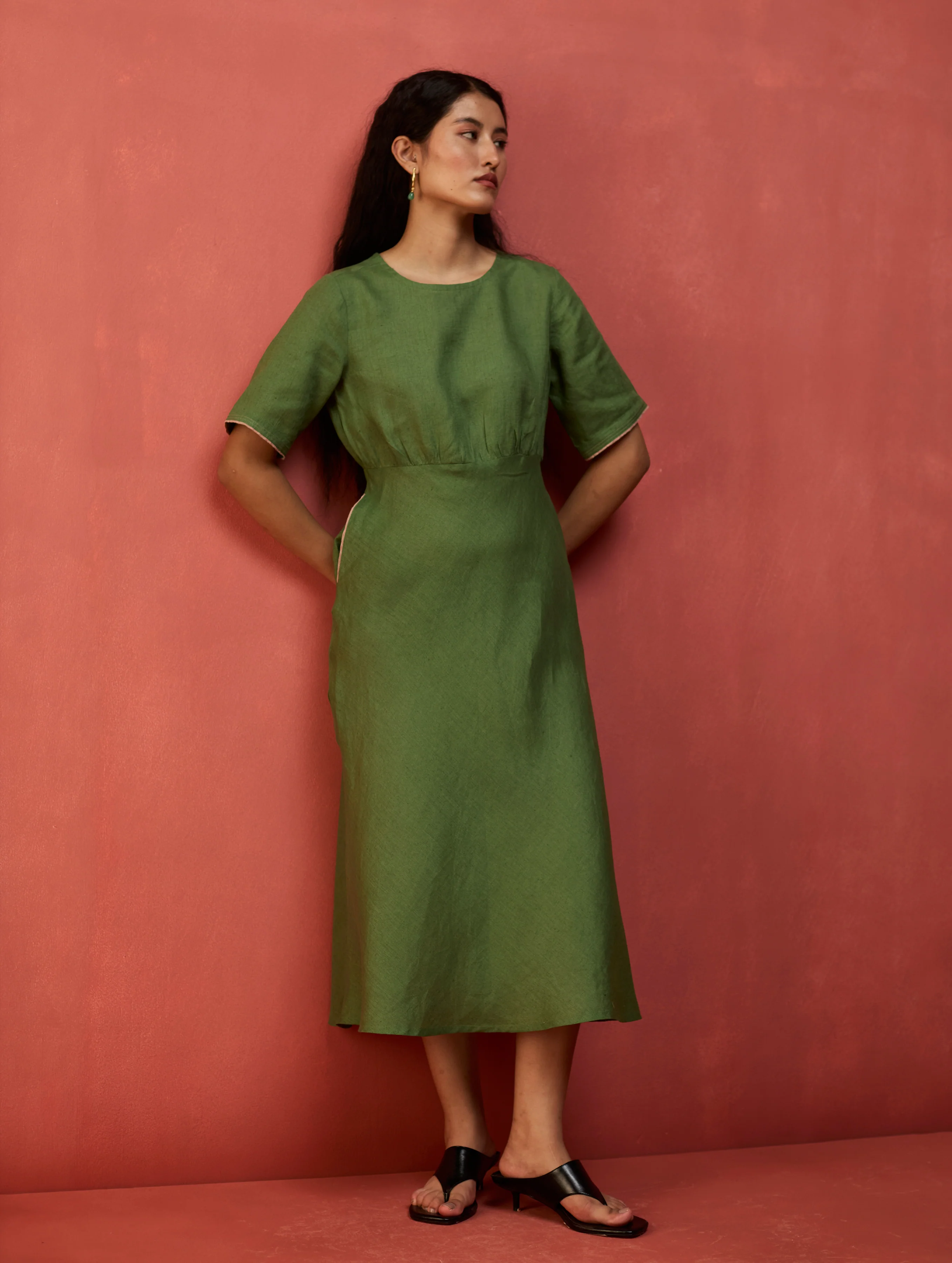 Fumi Bias Skirt Stripe Linen Dress - Fern Green - Image 2