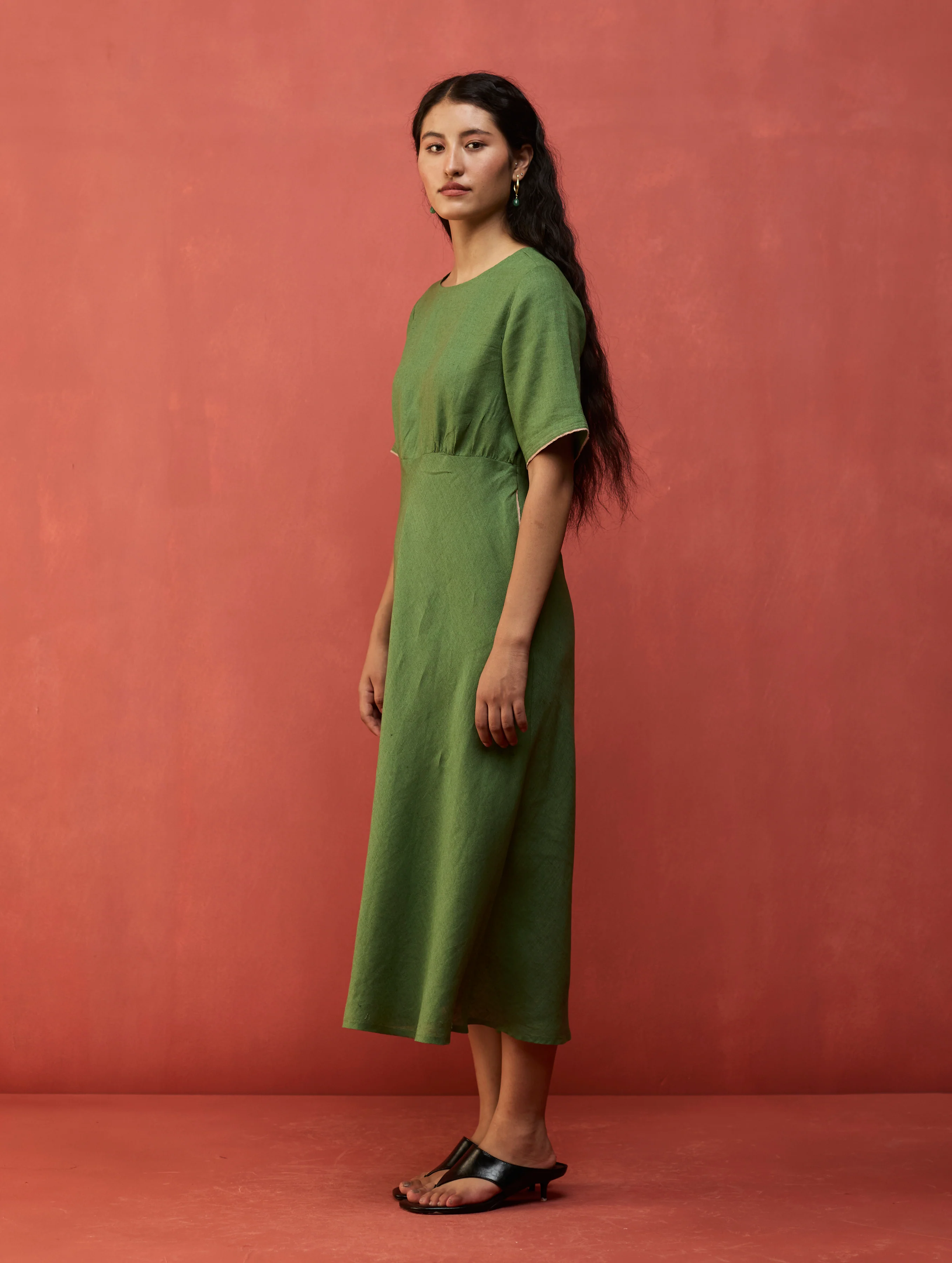 Fumi Bias Skirt Stripe Linen Dress - Fern Green - Image 3