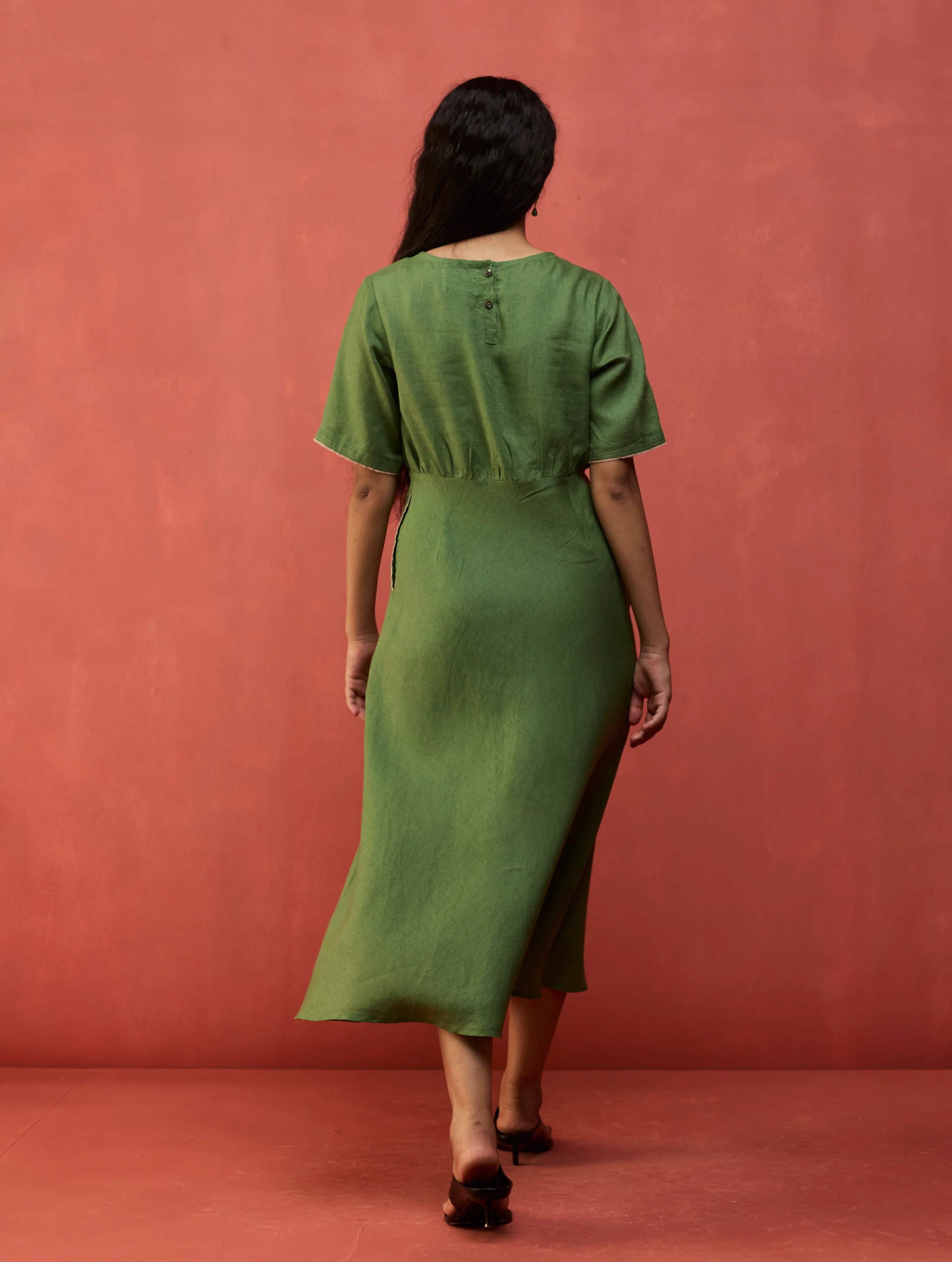Fumi Bias Skirt Stripe Linen Dress - Fern Green - Image 5