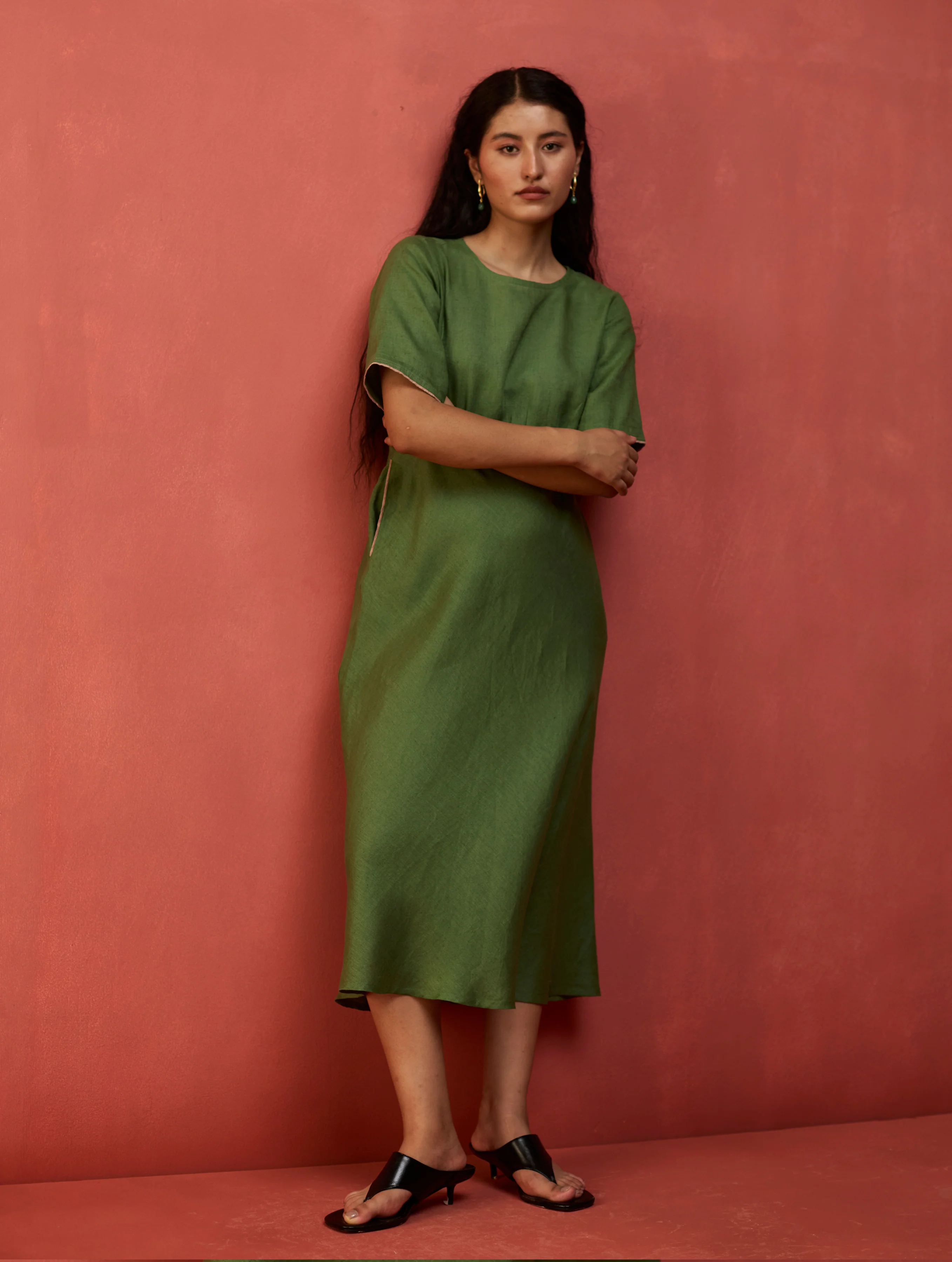Fumi Bias Skirt Stripe Linen Dress - Fern Green - Image 6