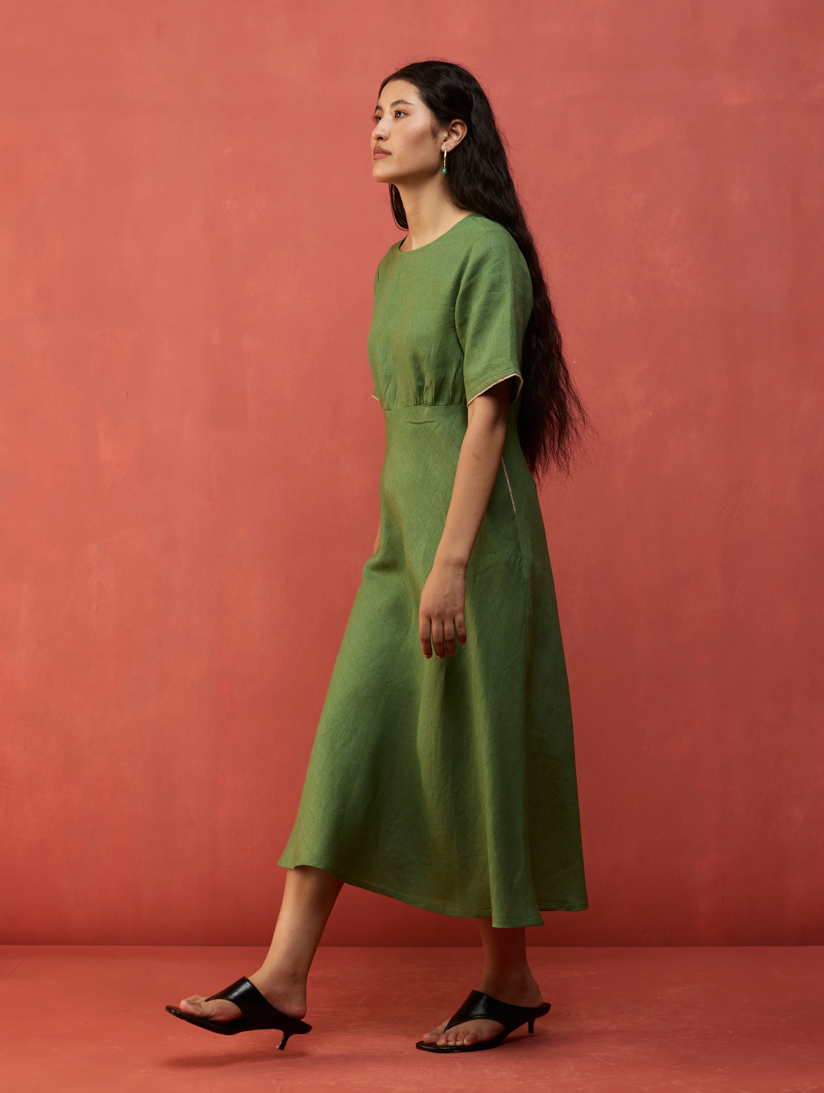 Fumi Bias Skirt Stripe Linen Dress - Fern Green - Image 7