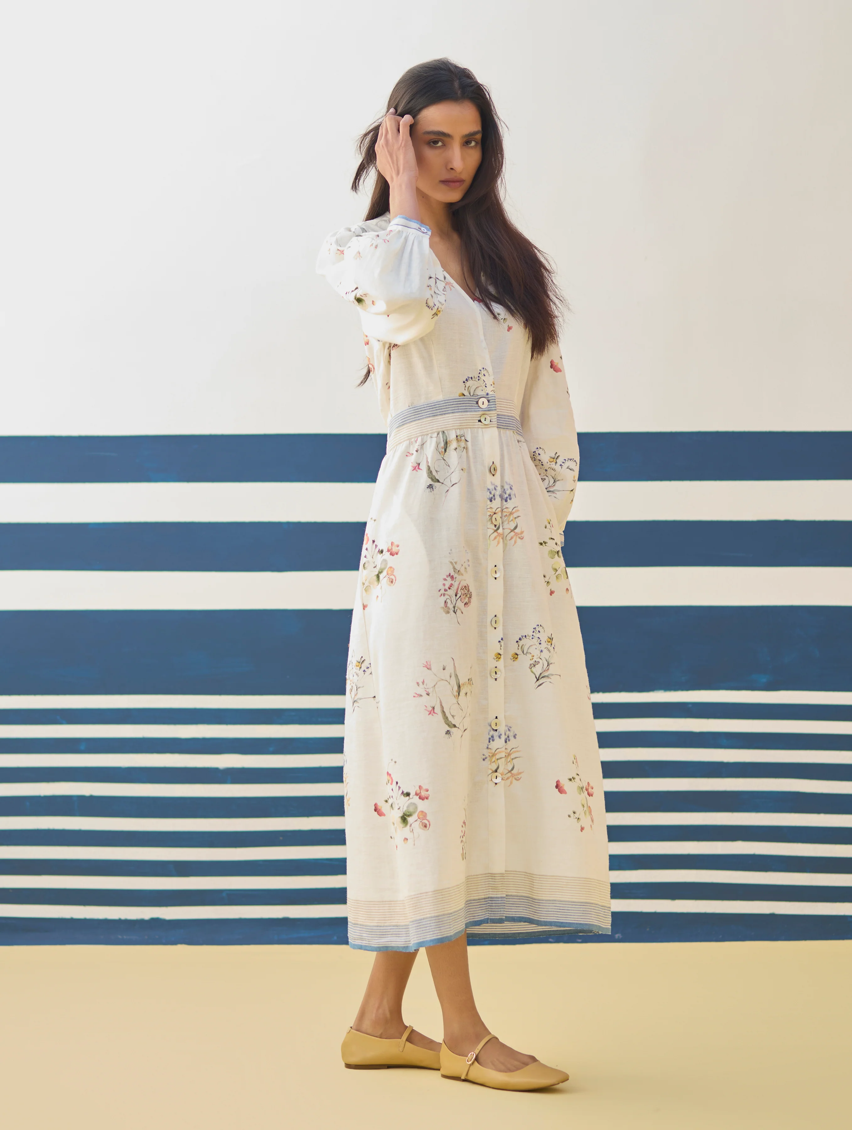 Greta Floral Linen Dress - Ivory - Image 2