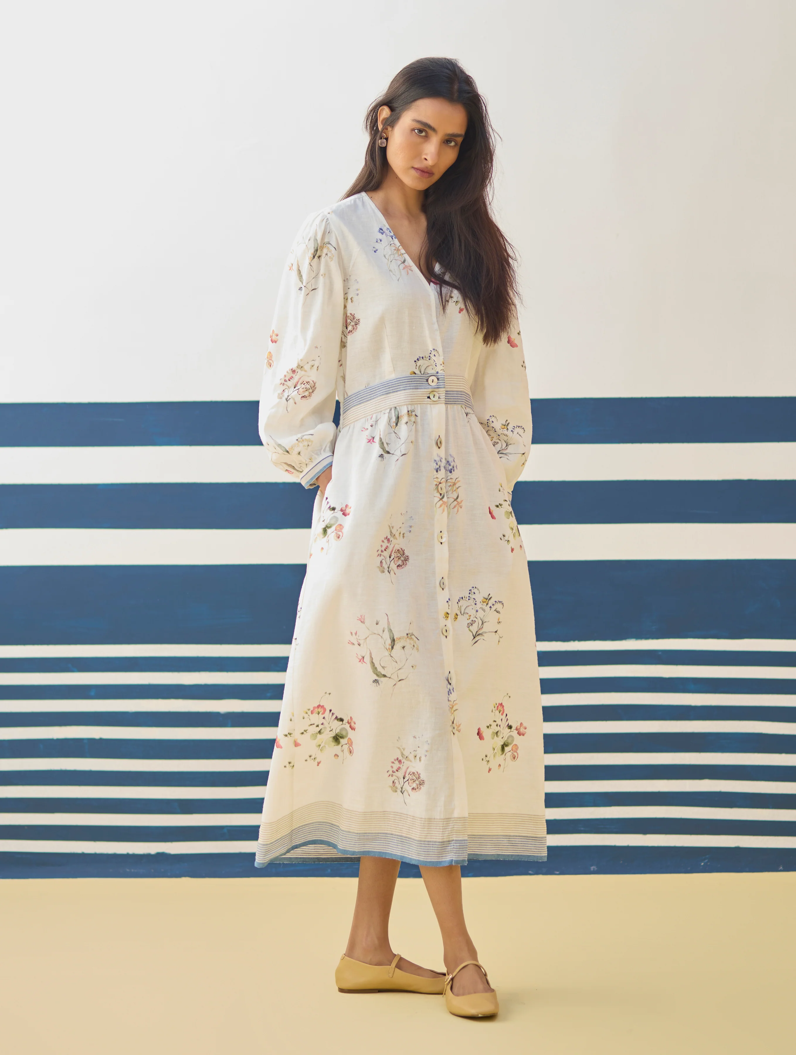 Greta Floral Linen Dress - Ivory - Image 3