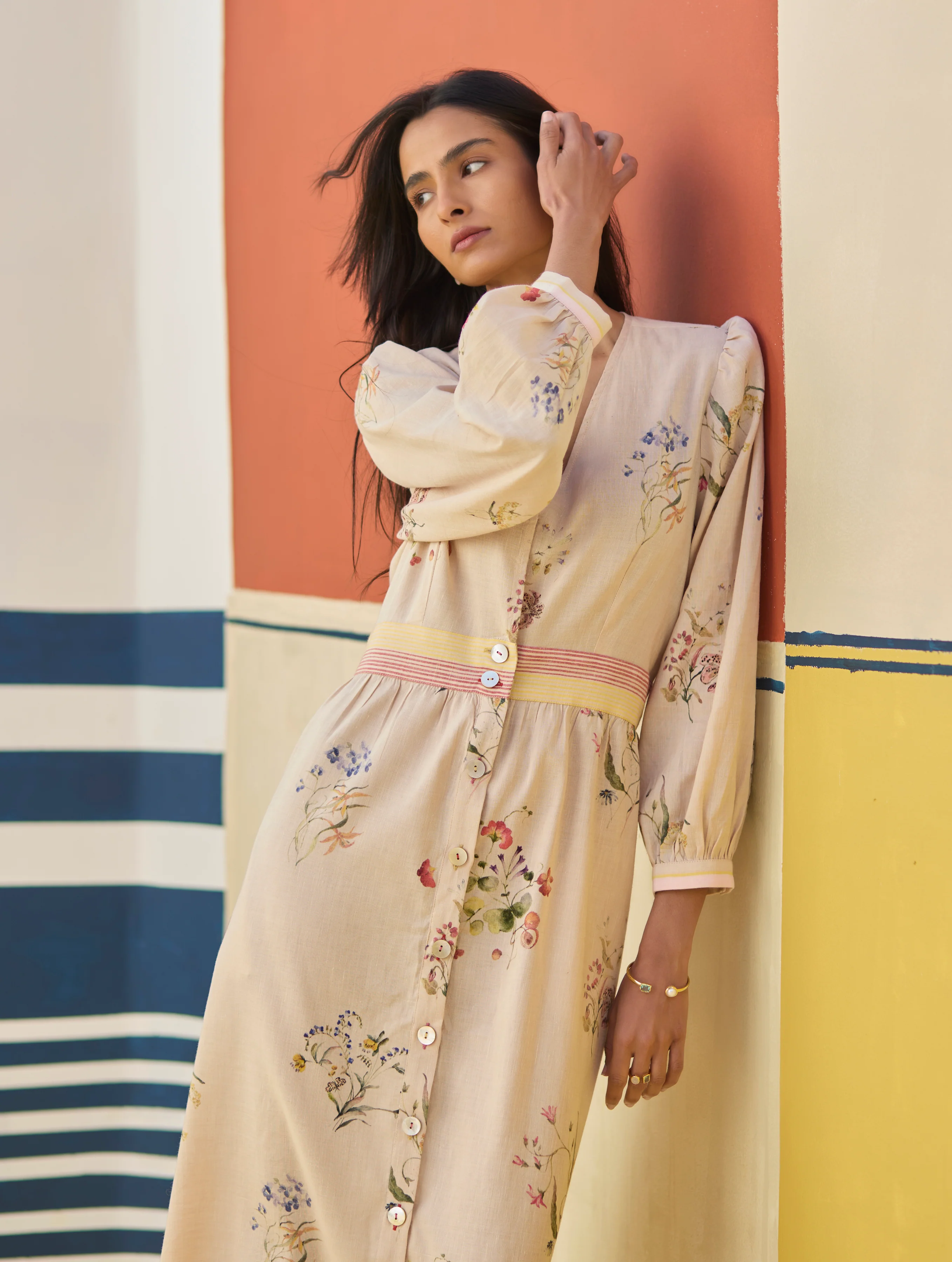 Greta Floral Linen Dress - Sand - Image 2