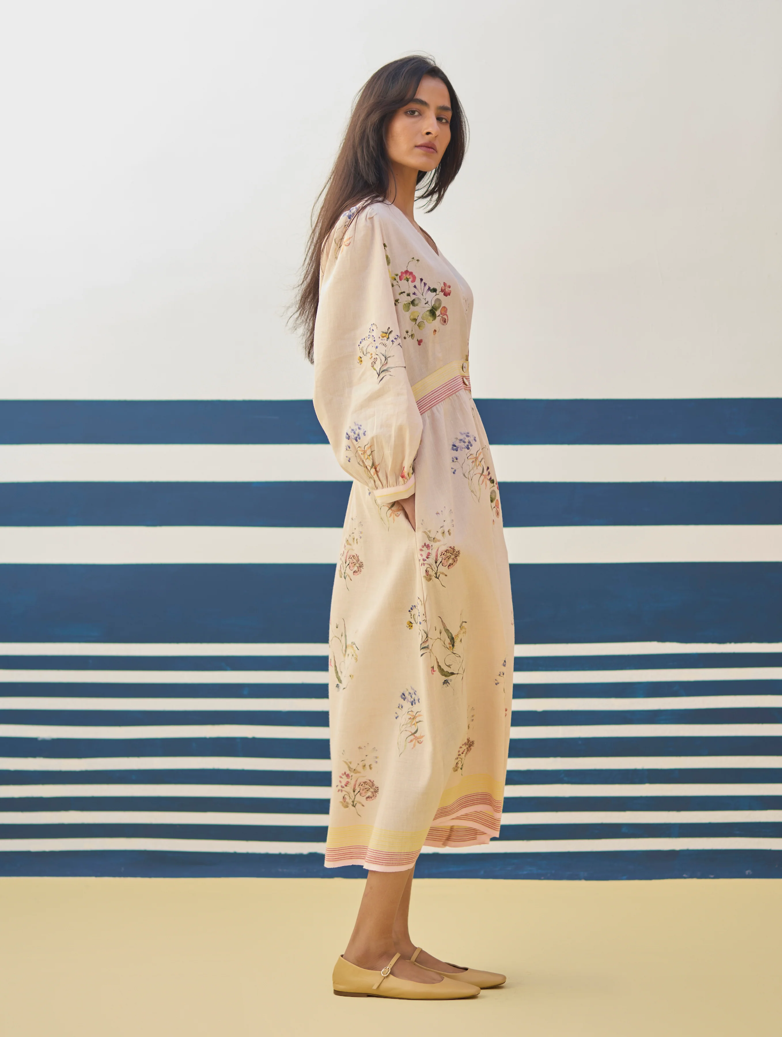 Greta Floral Linen Dress - Sand - Image 5