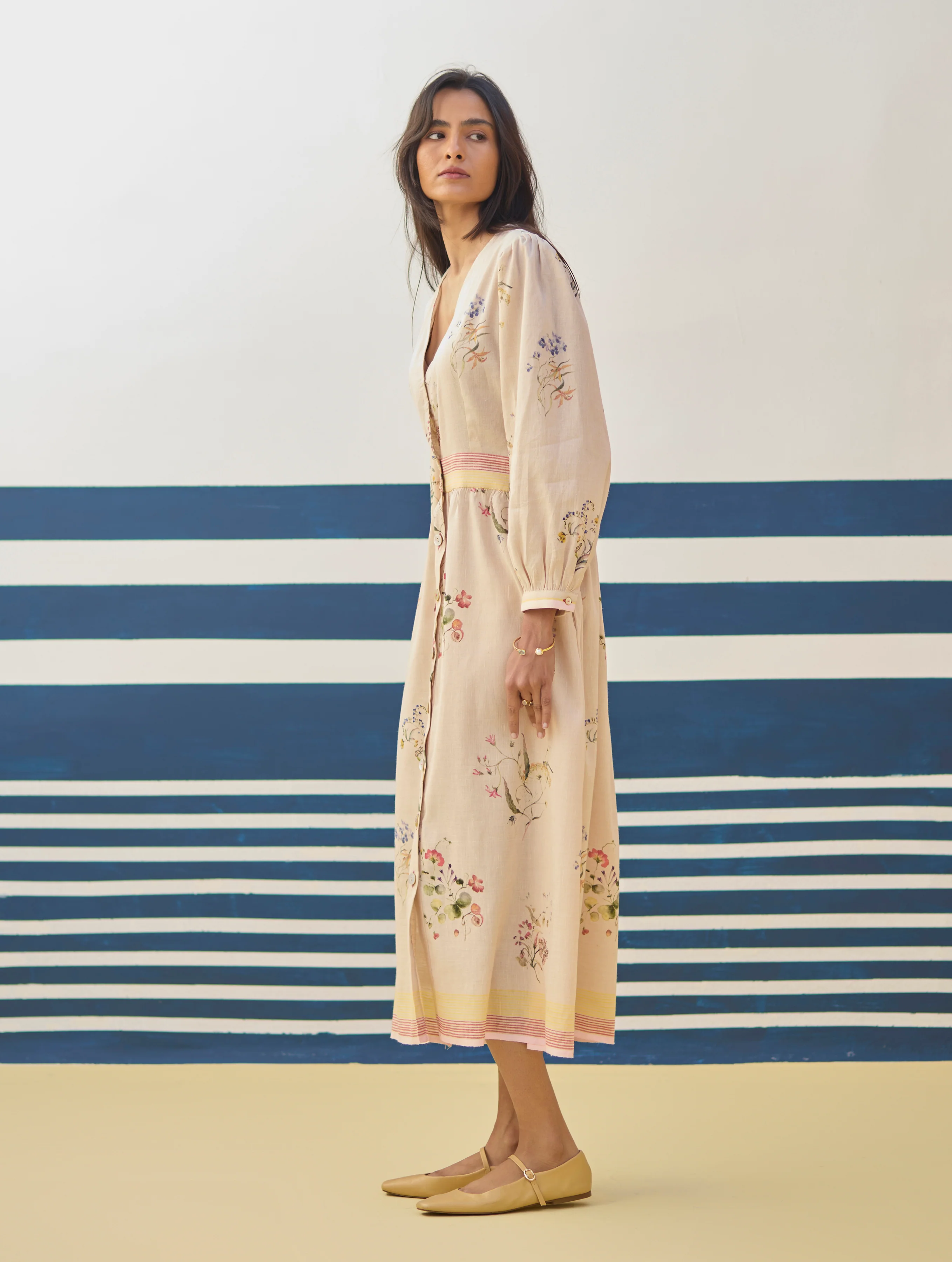 Greta Floral Linen Dress - Sand - Image 7