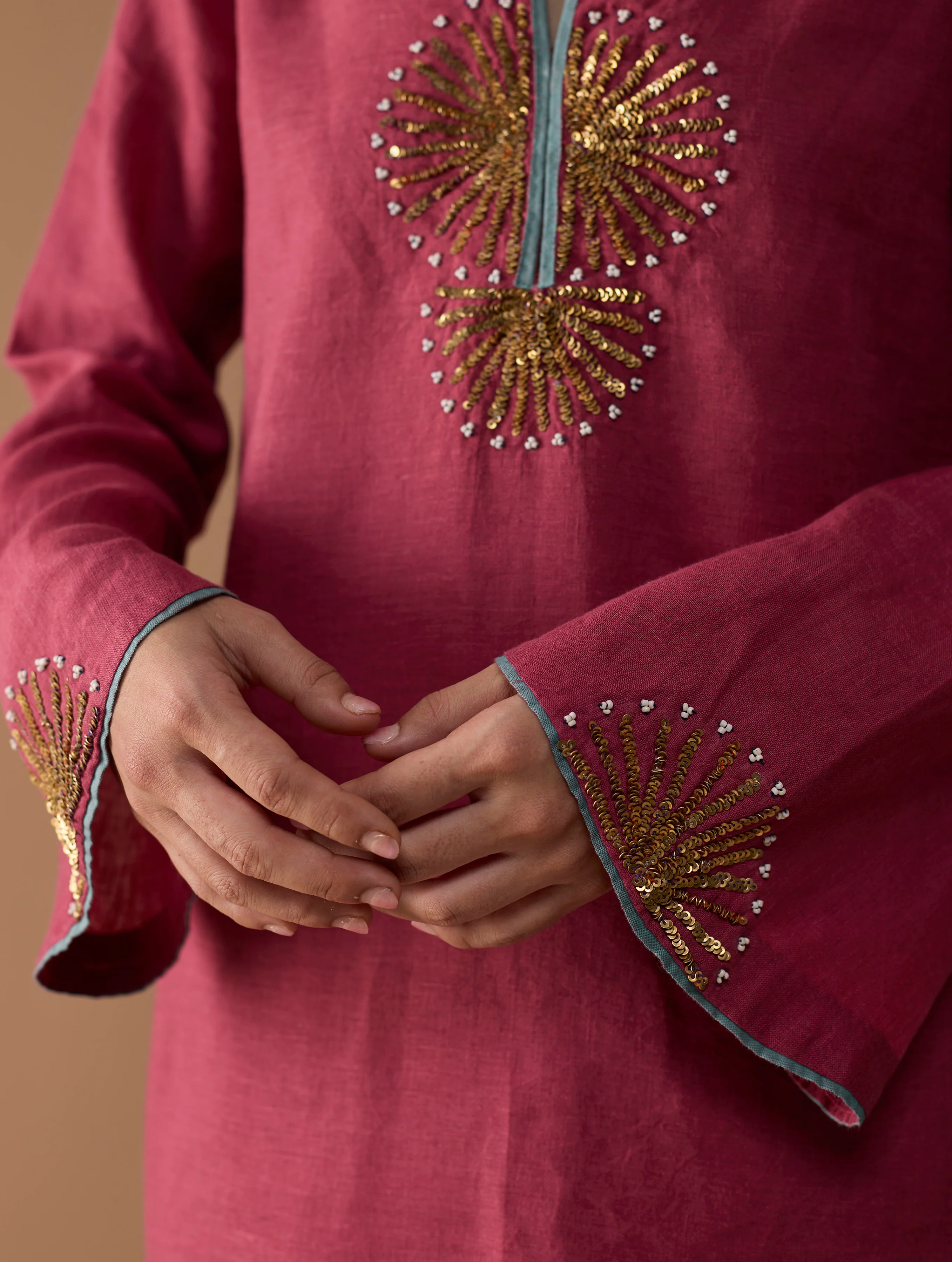 Gul Sequin Embroidered Short Kurta - Crimson - Image 2