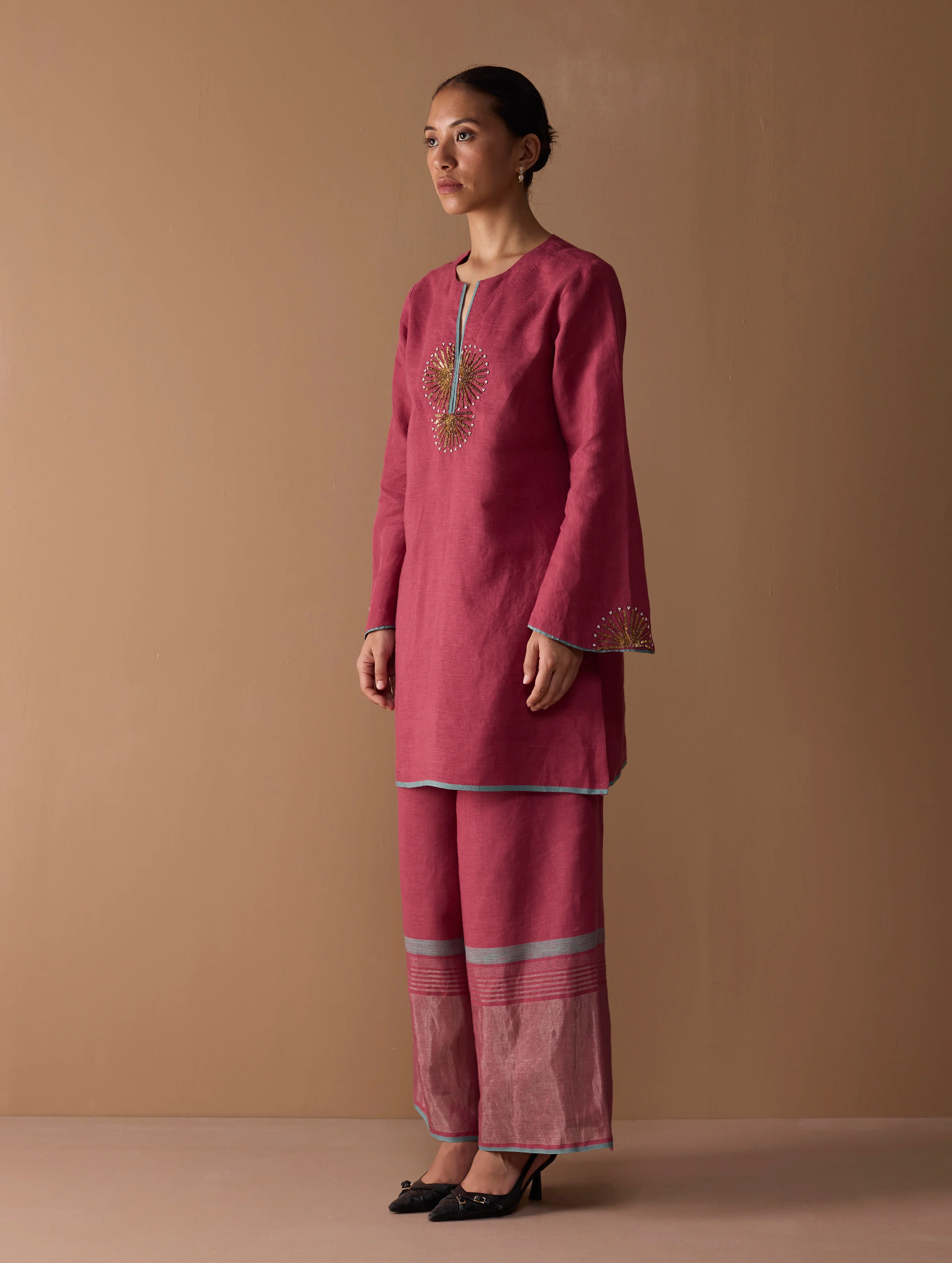 Gul Sequin Embroidered Short Kurta Set - Crimson - Image 10