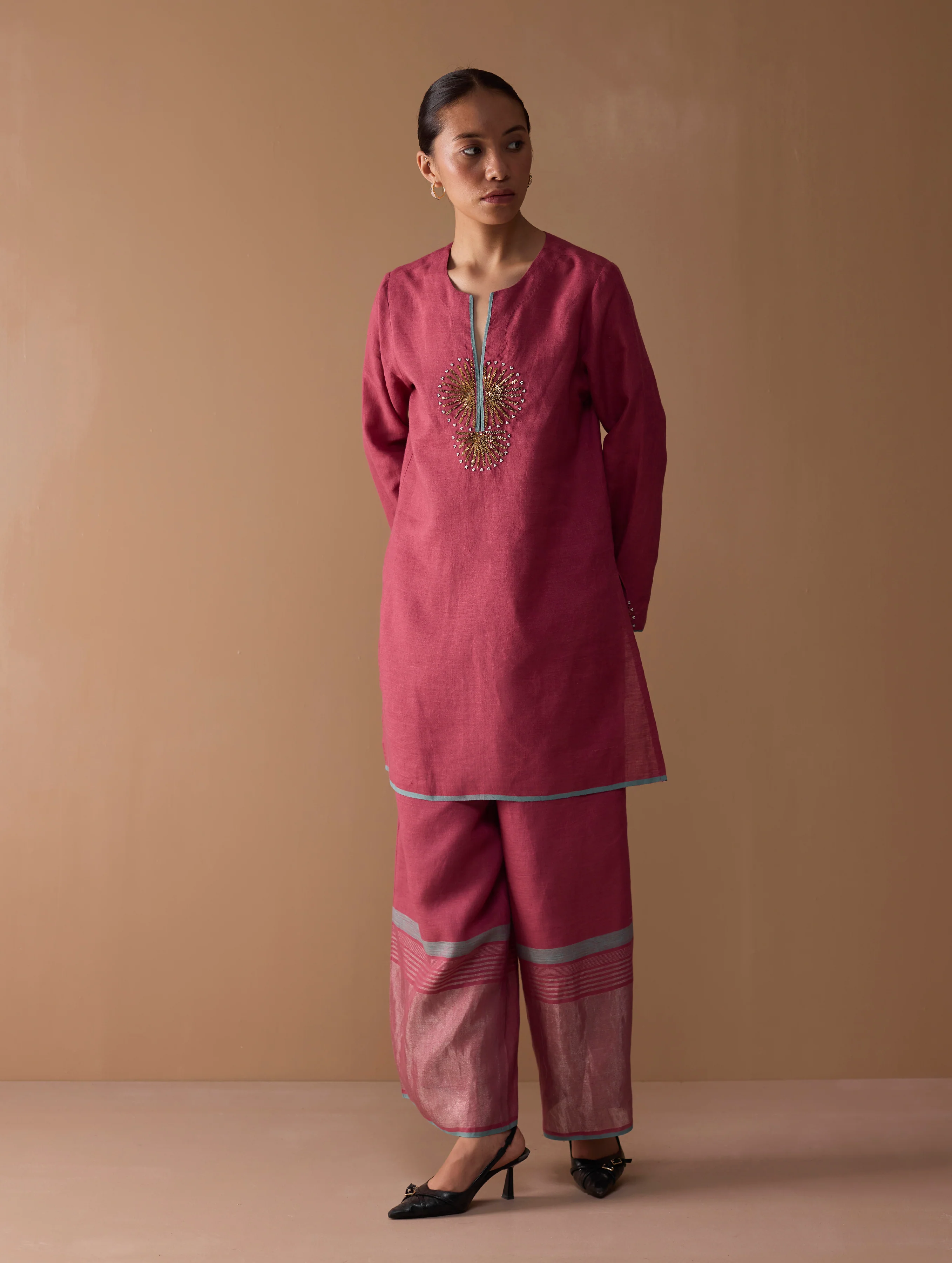 Gul Sequin Embroidered Short Kurta Set - Crimson - Image 6