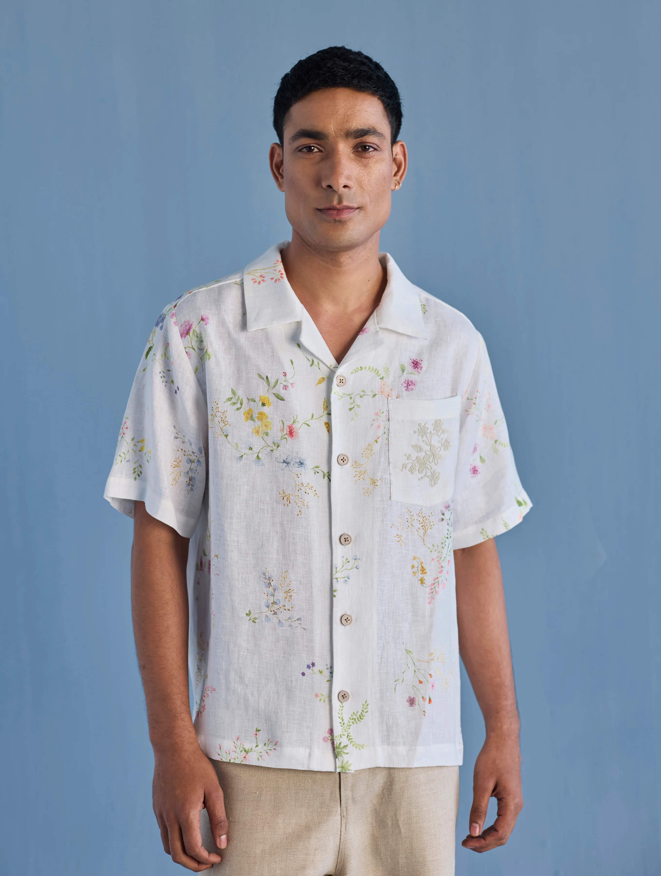 Haru Embroidered Pocket Floral Linen Shirt - White - Image 2
