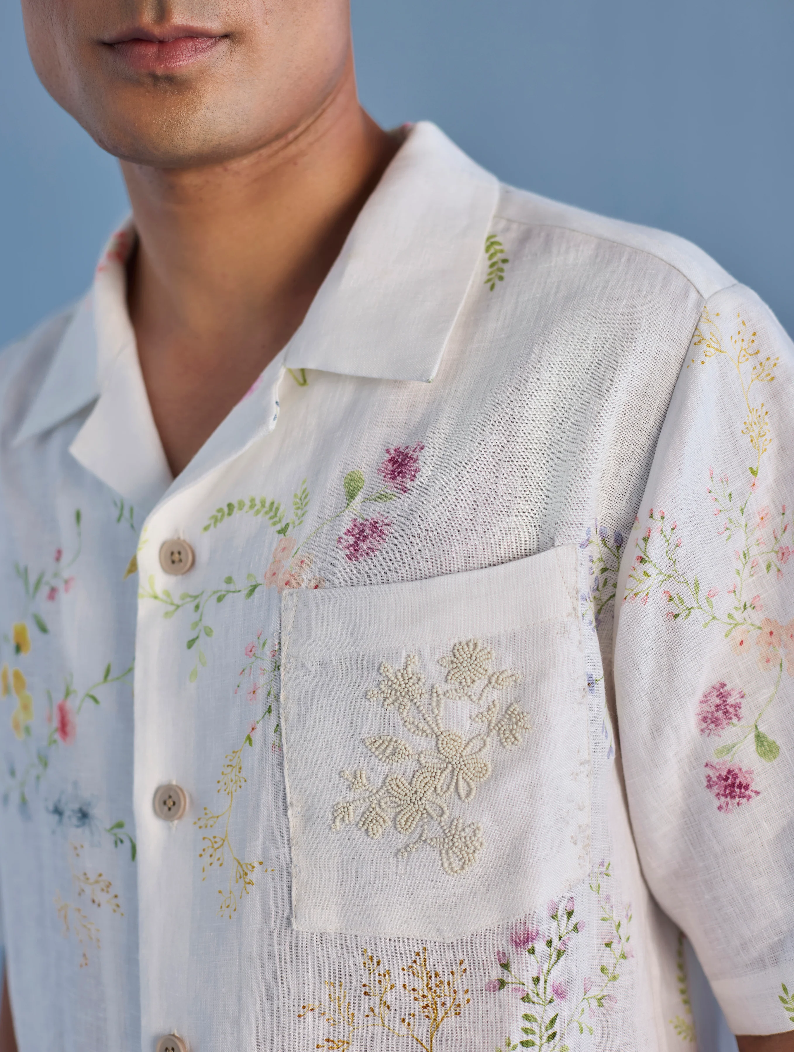 Haru Embroidered Pocket Floral Linen Shirt - White - Image 5