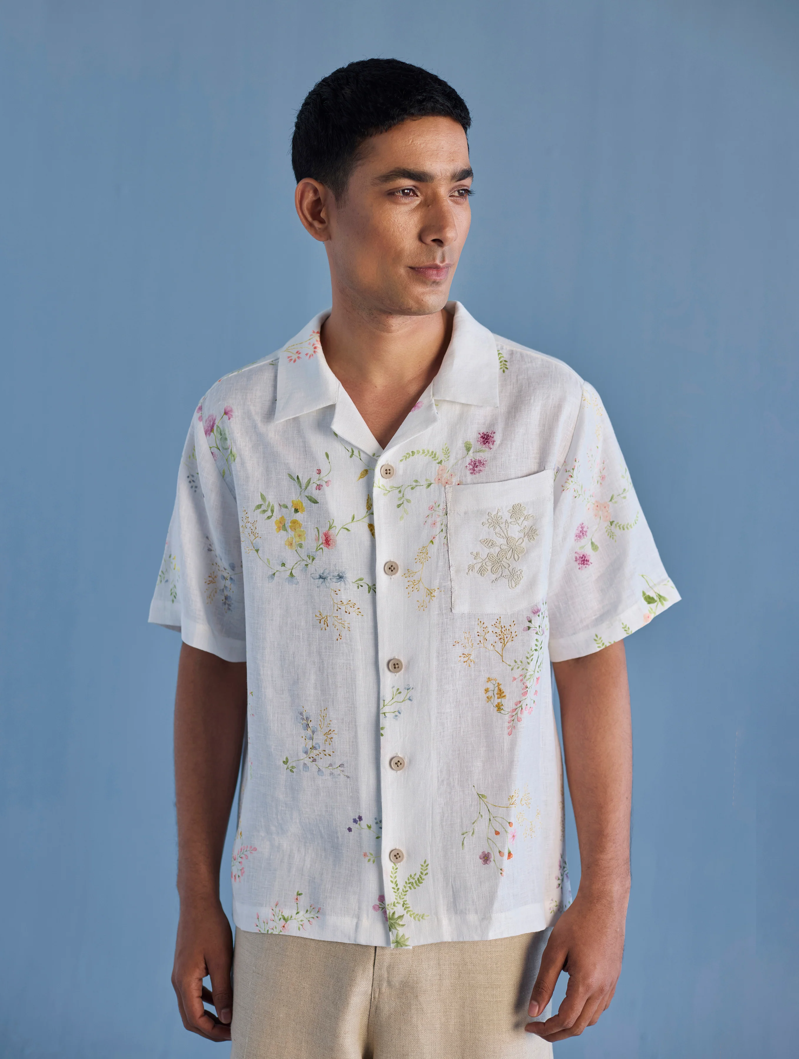Haru Embroidered Pocket Floral Linen Shirt - White - Image 6