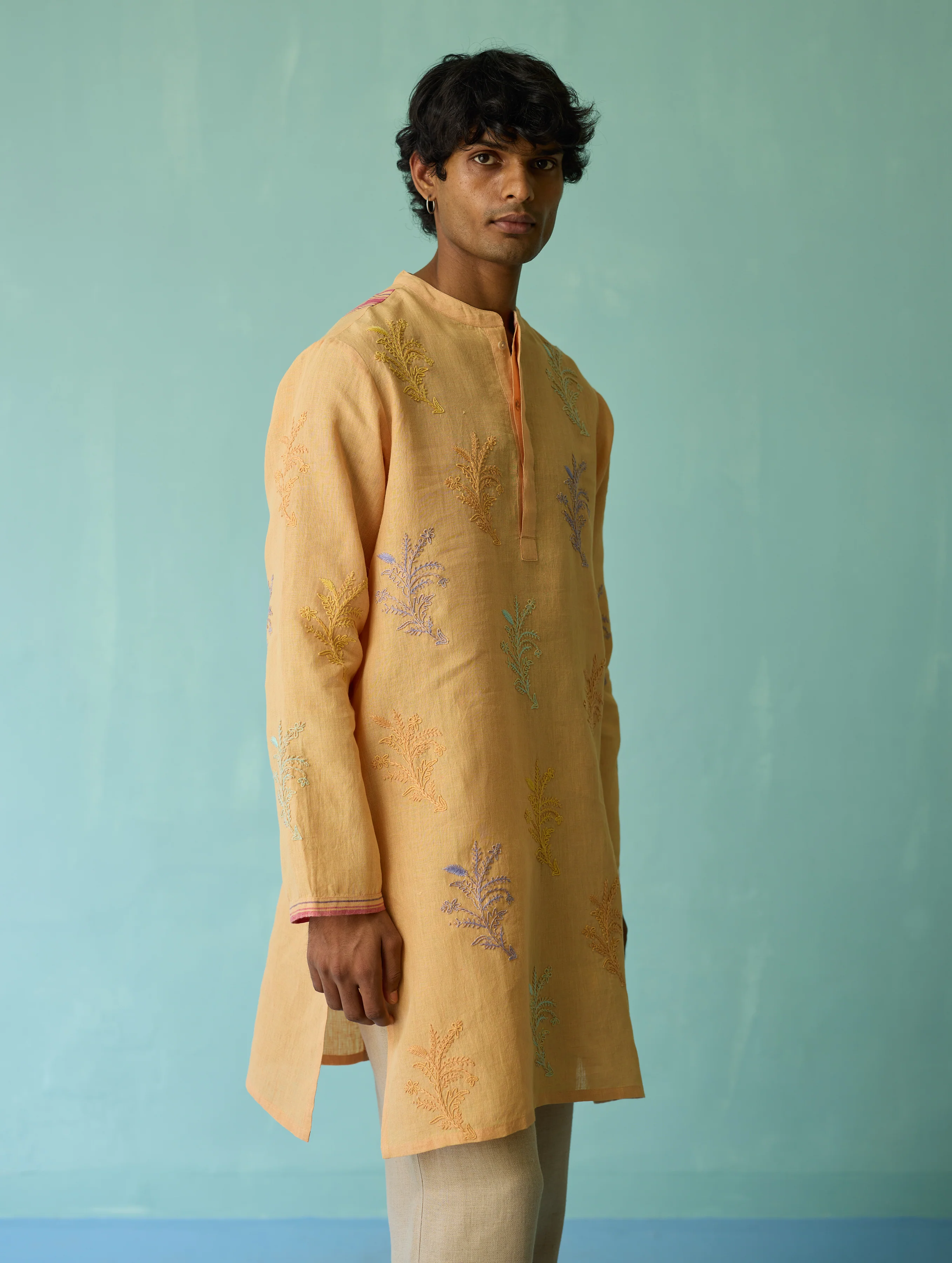 Haruto Hand-Embroidered Floral Kurta - Apricot - Image 10