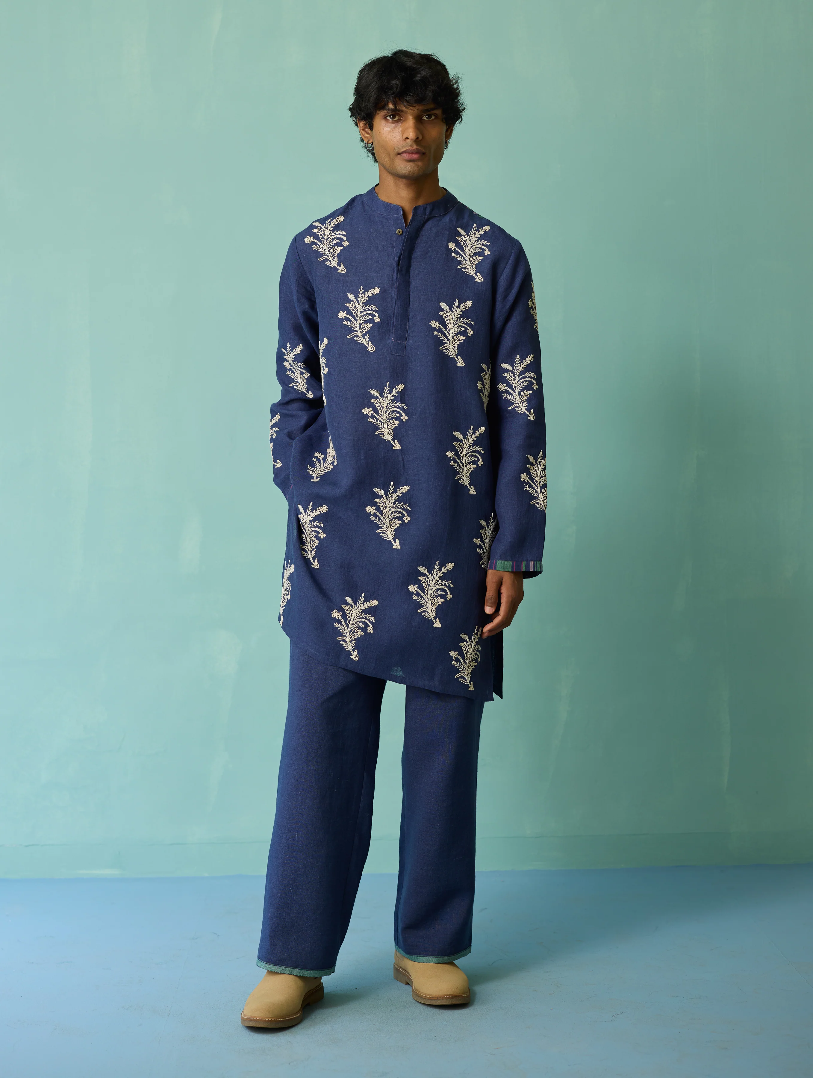 Haruto Hand-Embroidered Floral Kurta - Indigo - Image 5