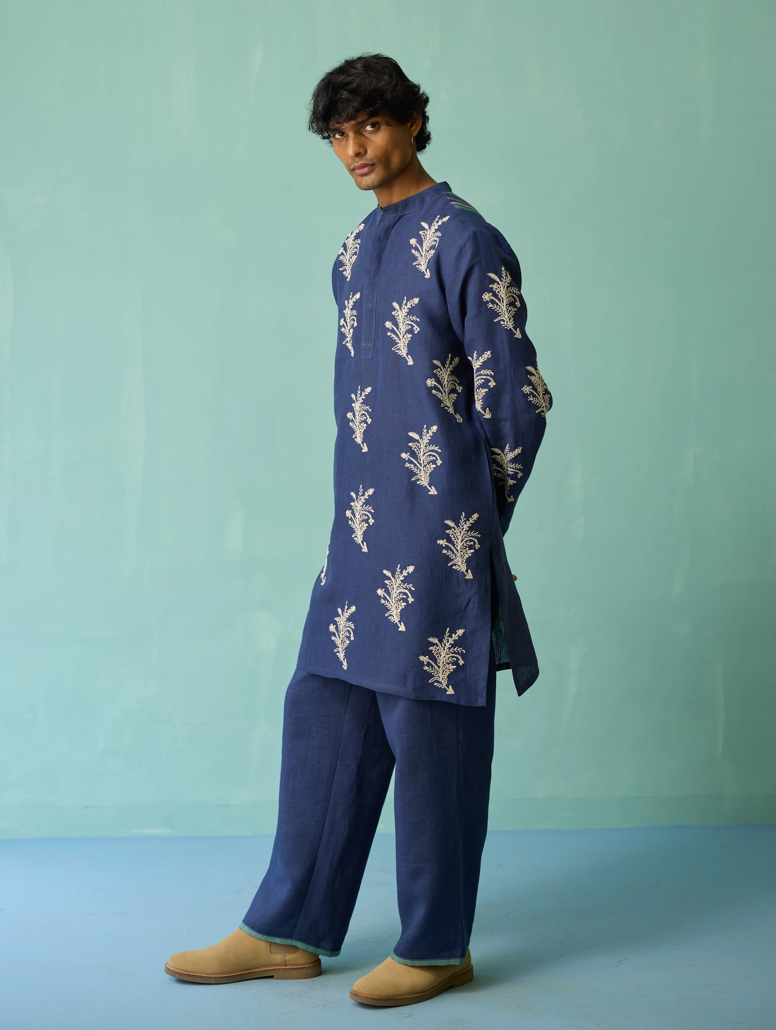 Haruto Hand-Embroidered Floral Kurta - Indigo - Image 7