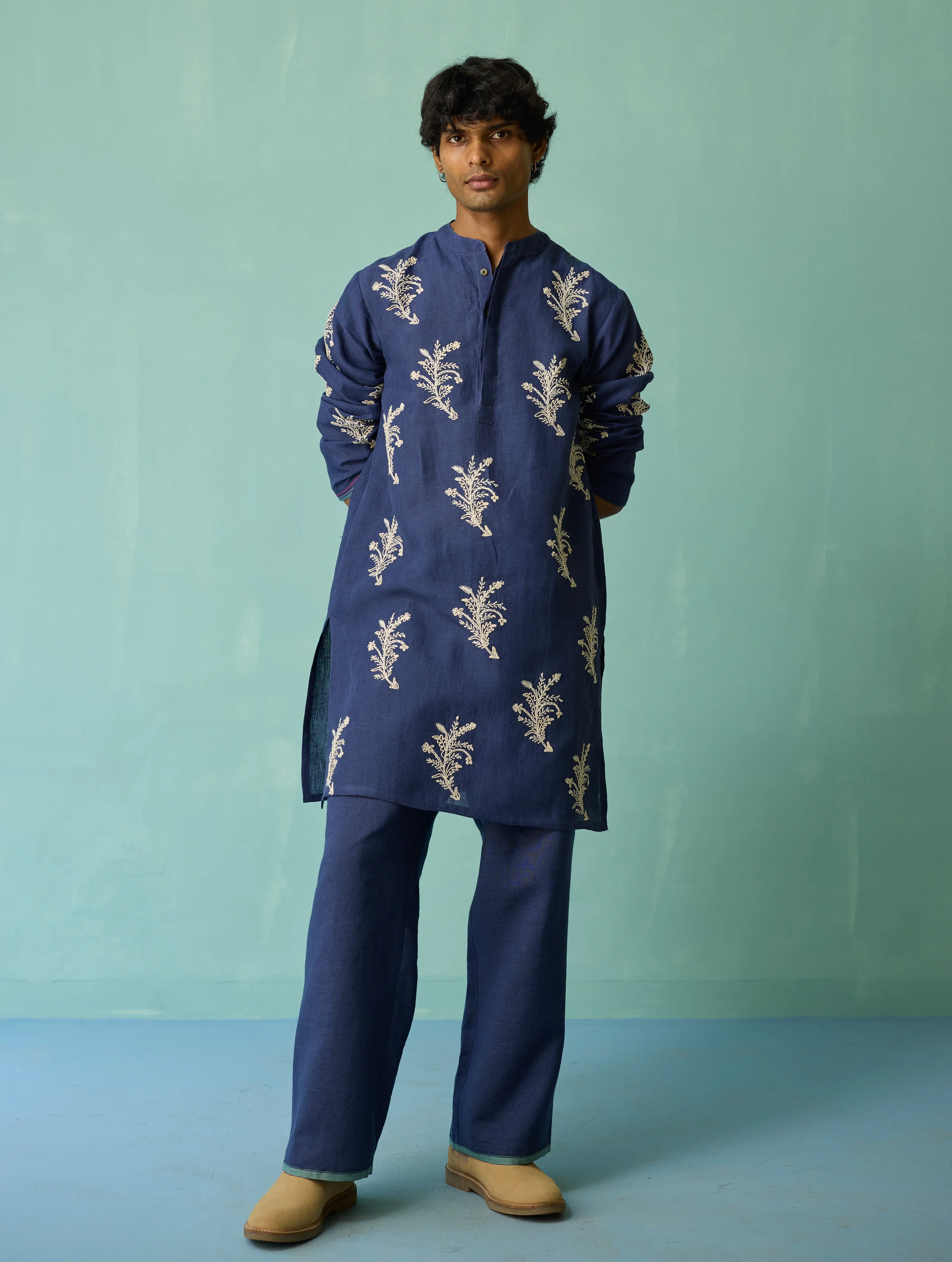 Haruto Hand-Embroidered Floral Kurta - Indigo - Image 9