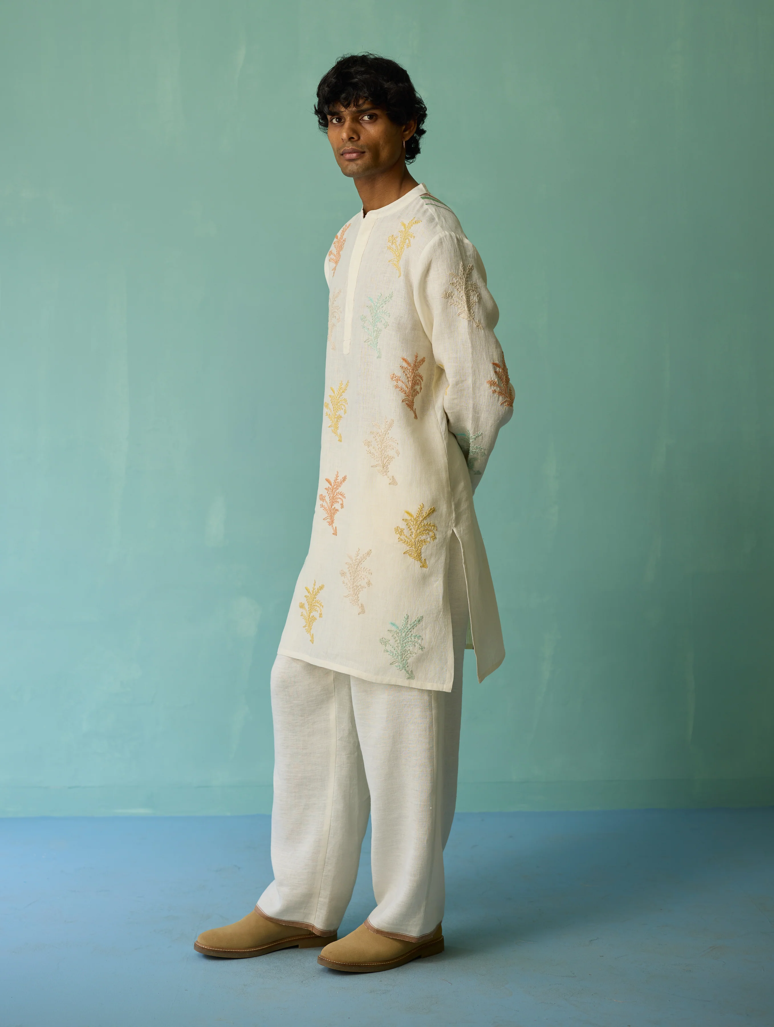 Haruto Hand-Embroidered Floral Kurta - Ivory - Image 7
