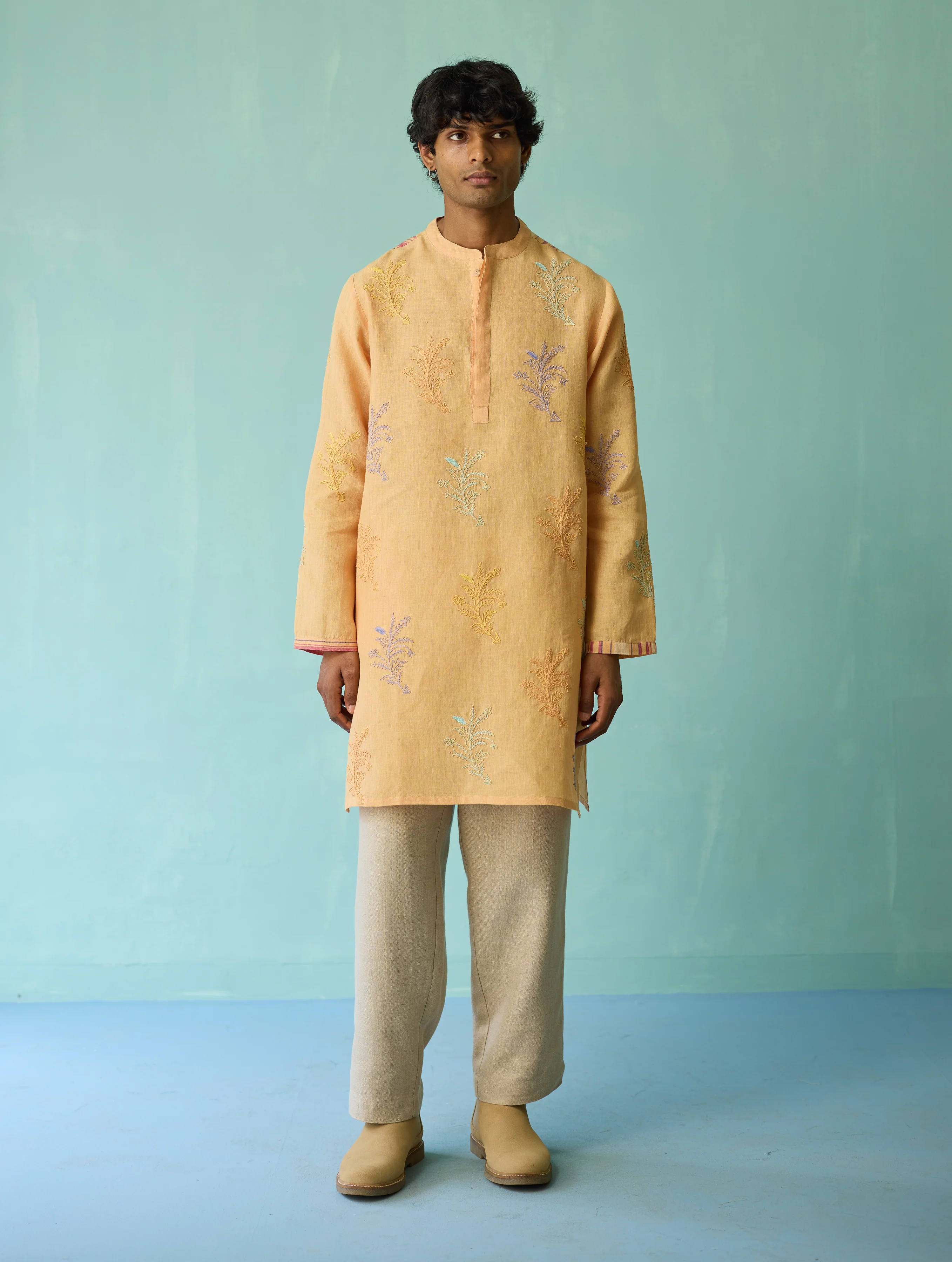 Haruto Hand-Embroidered Floral Kurta Set - Apricot - Image 10