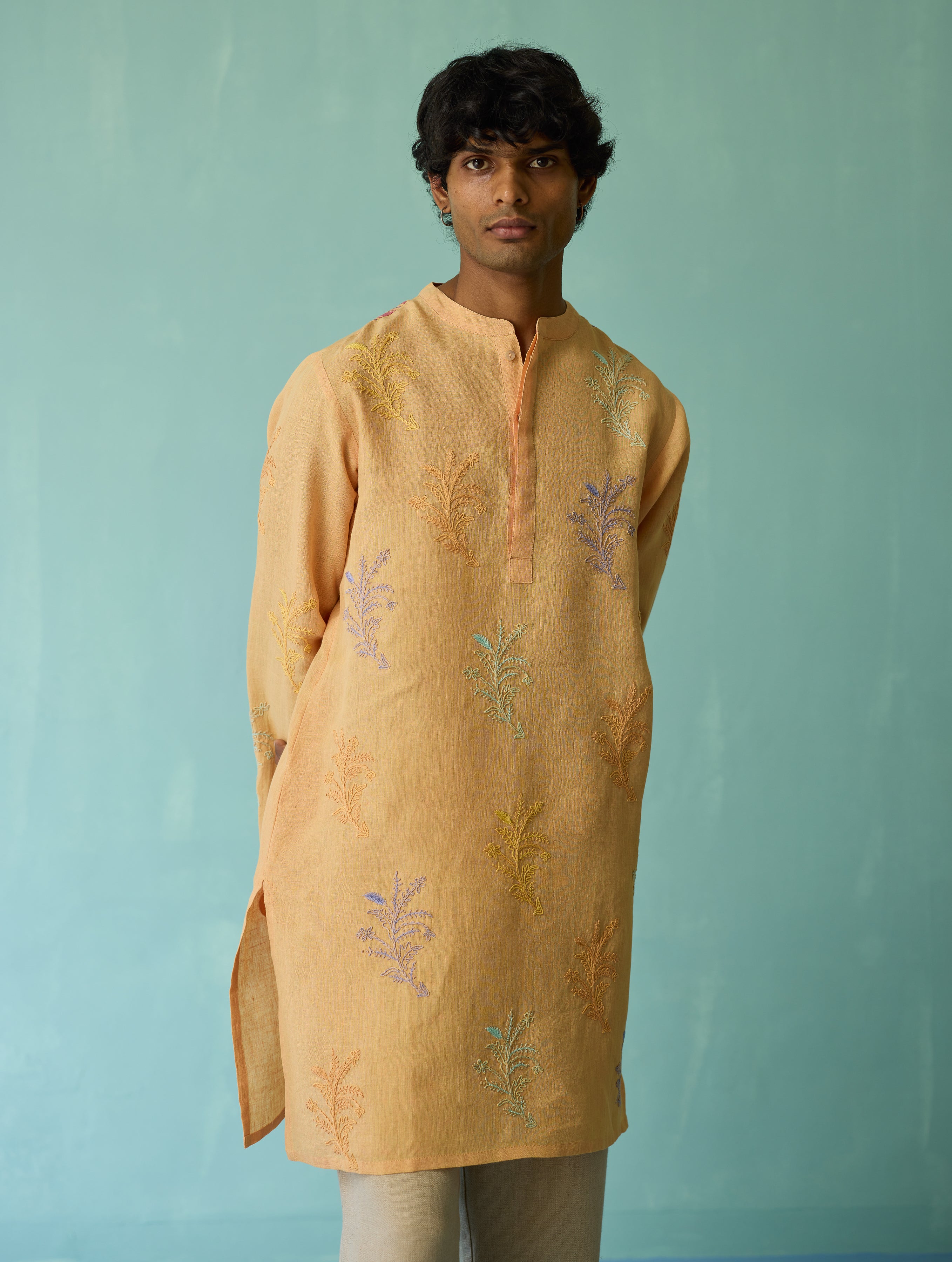 Haruto Hand-Embroidered Floral Kurta Set - Apricot - Image 11