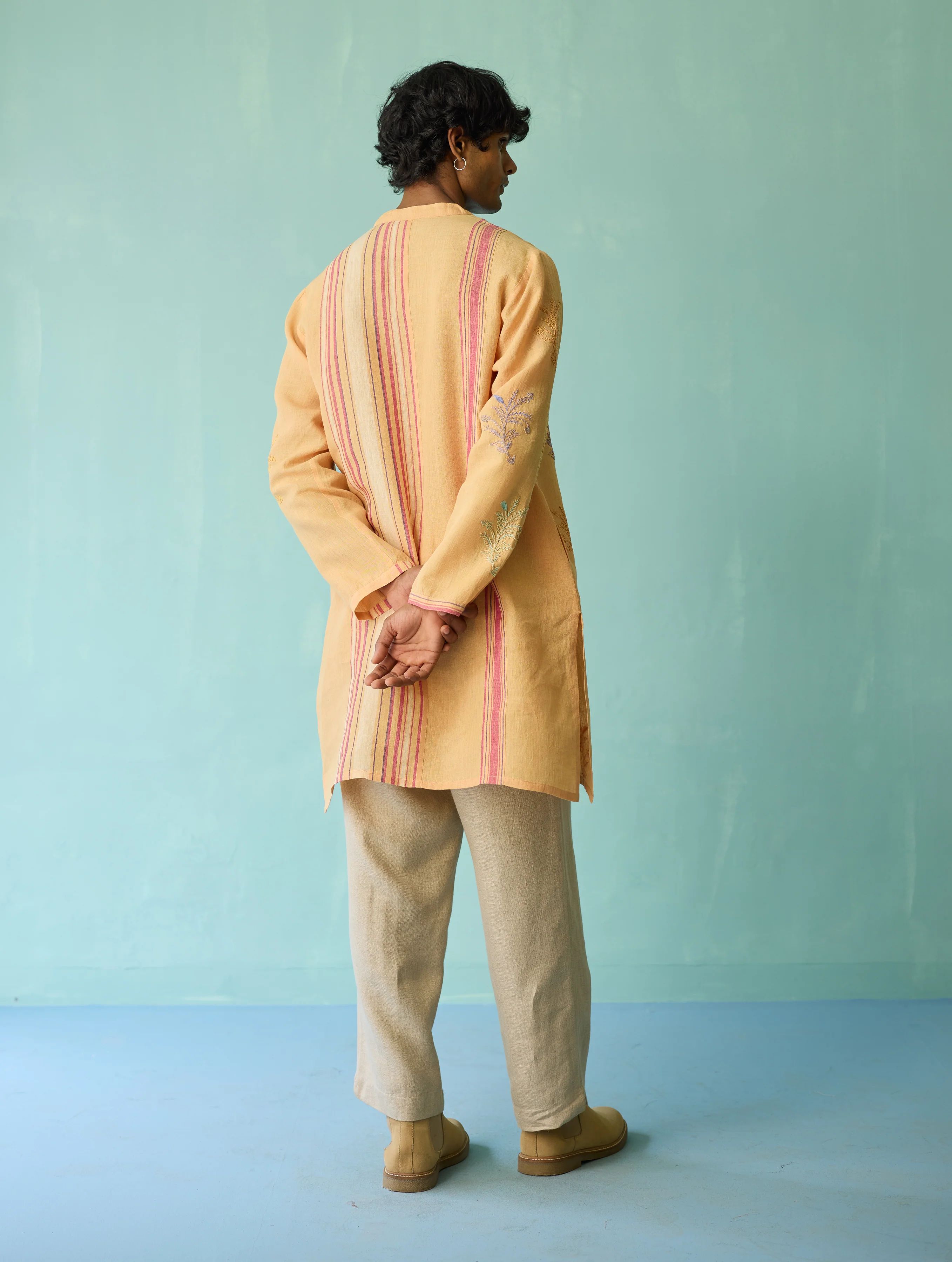 Haruto Hand-Embroidered Floral Kurta Set - Apricot - Image 4