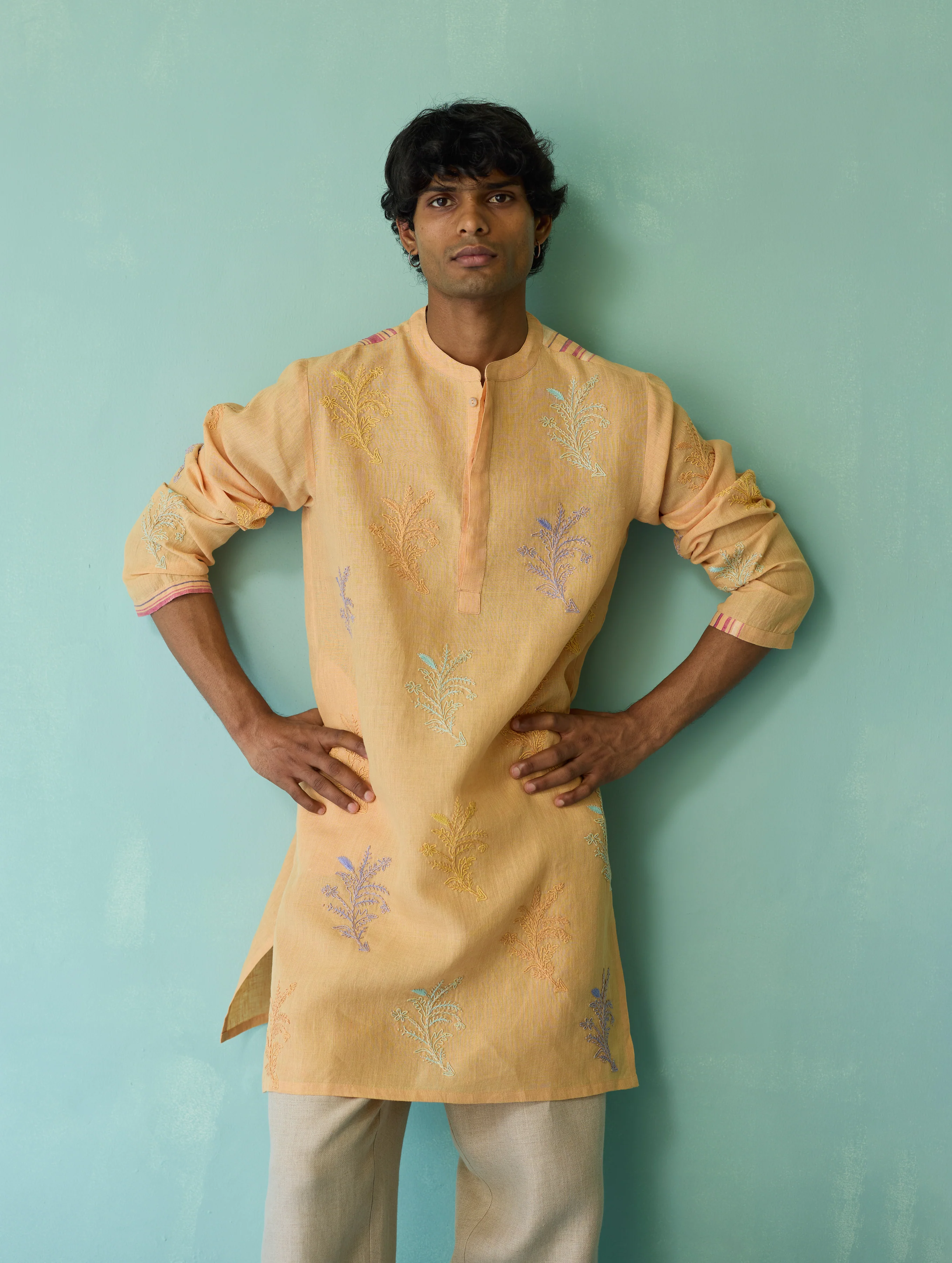 Haruto Hand-Embroidered Floral Kurta Set - Apricot - Image 9
