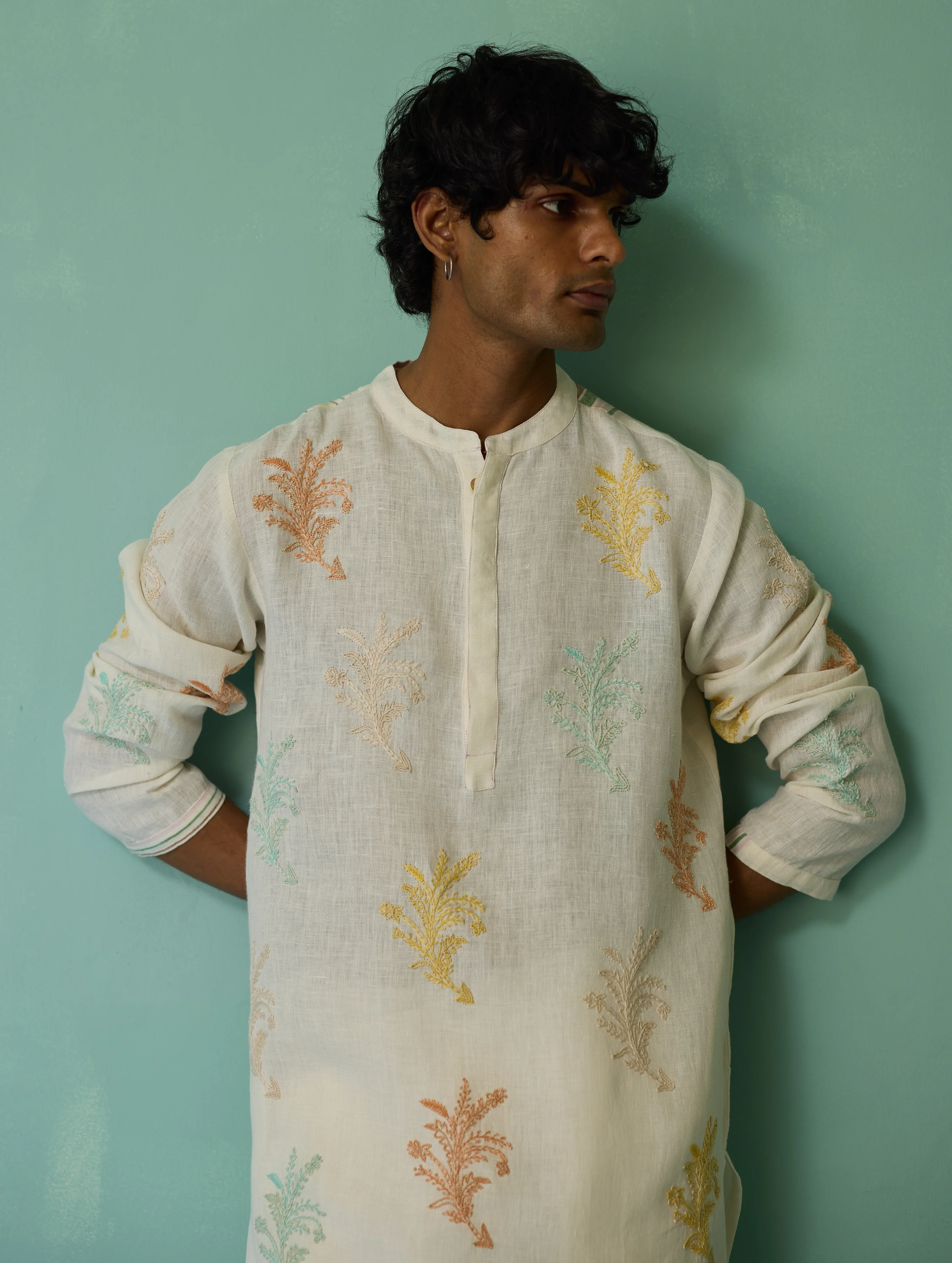 Haruto Hand-Embroidered Floral Kurta Set - Ivory - Image 14