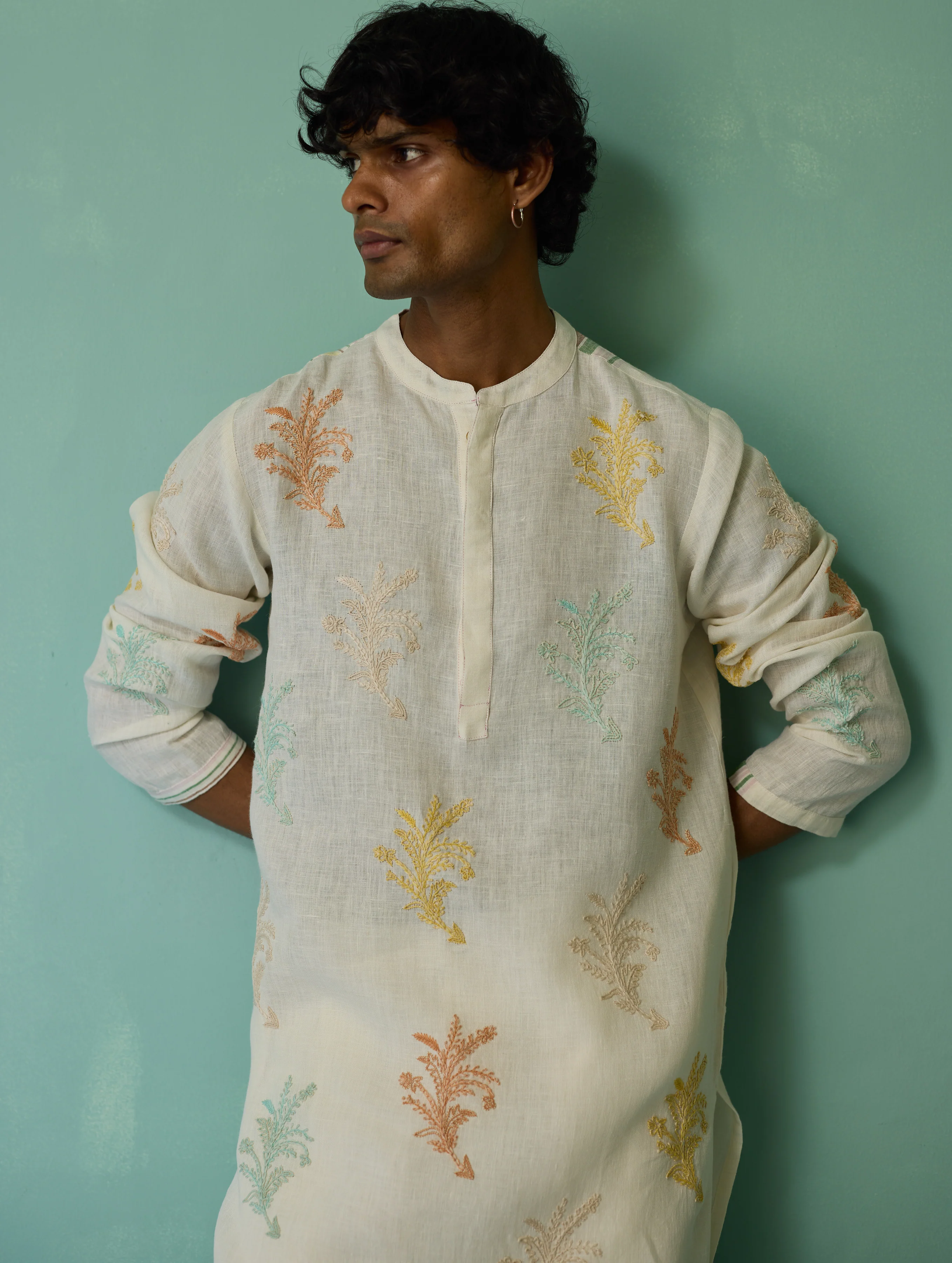 Haruto Hand-Embroidered Floral Kurta Set - Ivory - Image 5