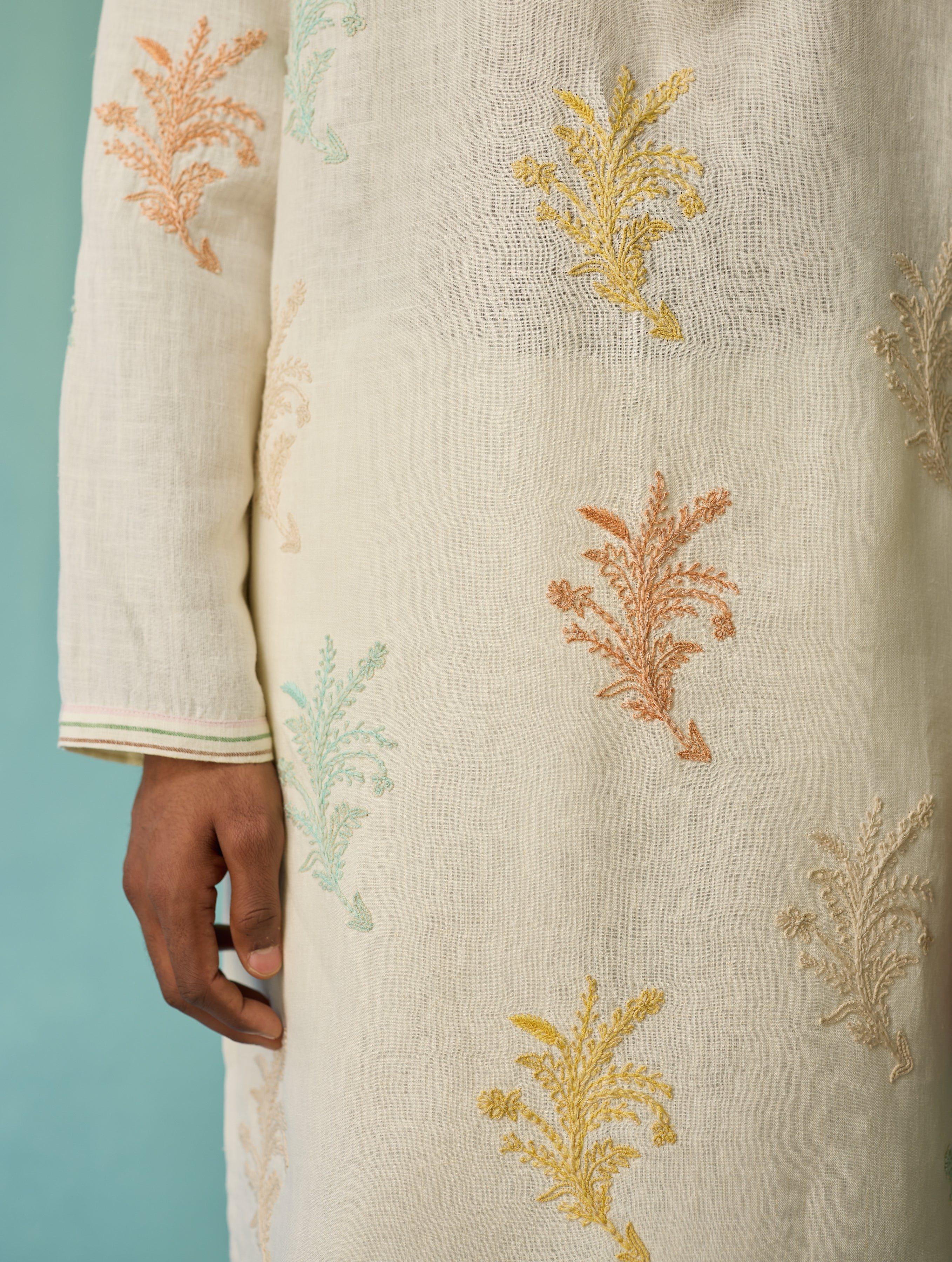 Haruto Hand-Embroidered Floral Kurta Set - Ivory - Image 8