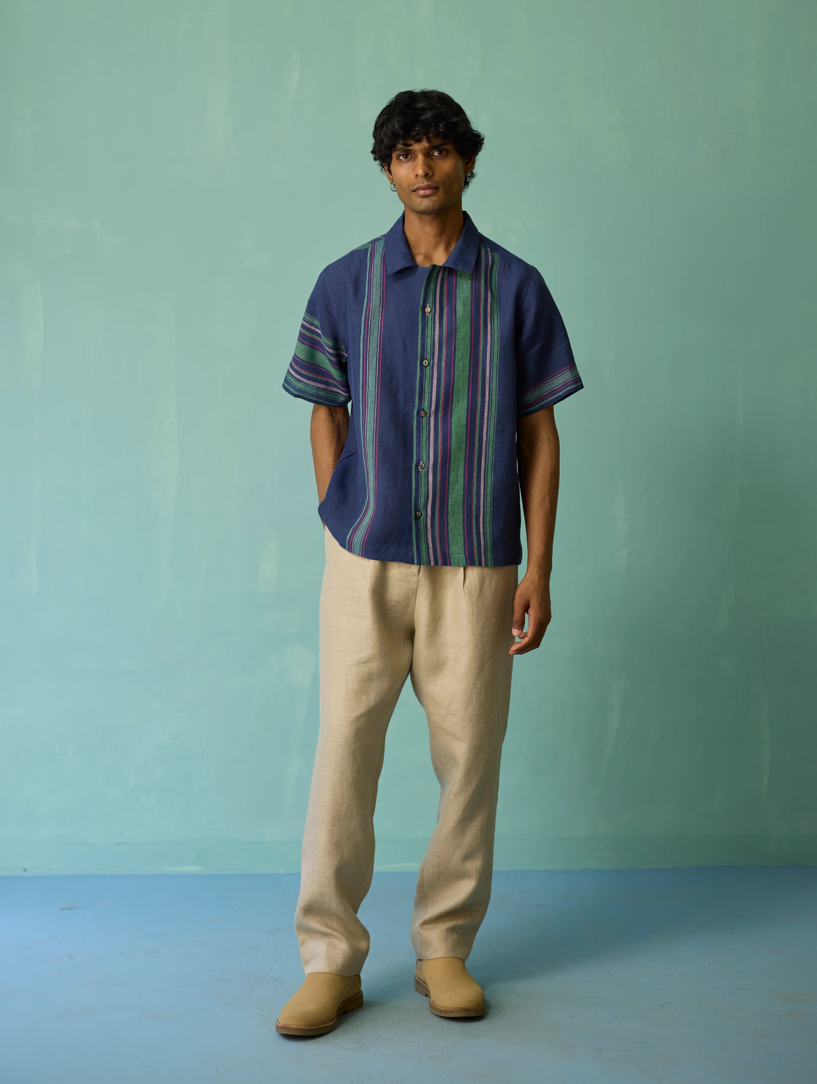 Heath Camp Collar Linen Shirt - Indigo - Image 2