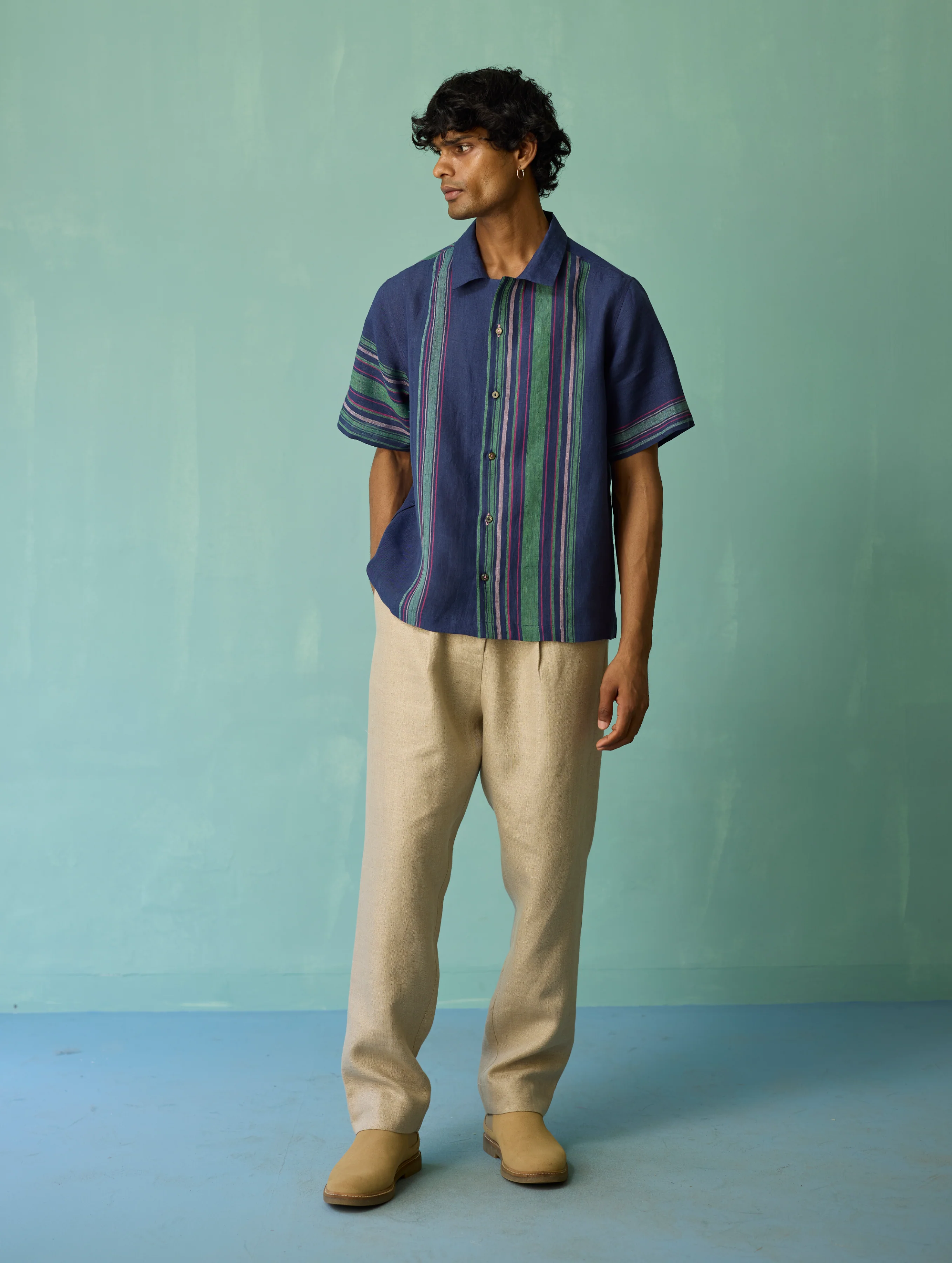 Heath Camp Collar Linen Shirt - Indigo - Image 5