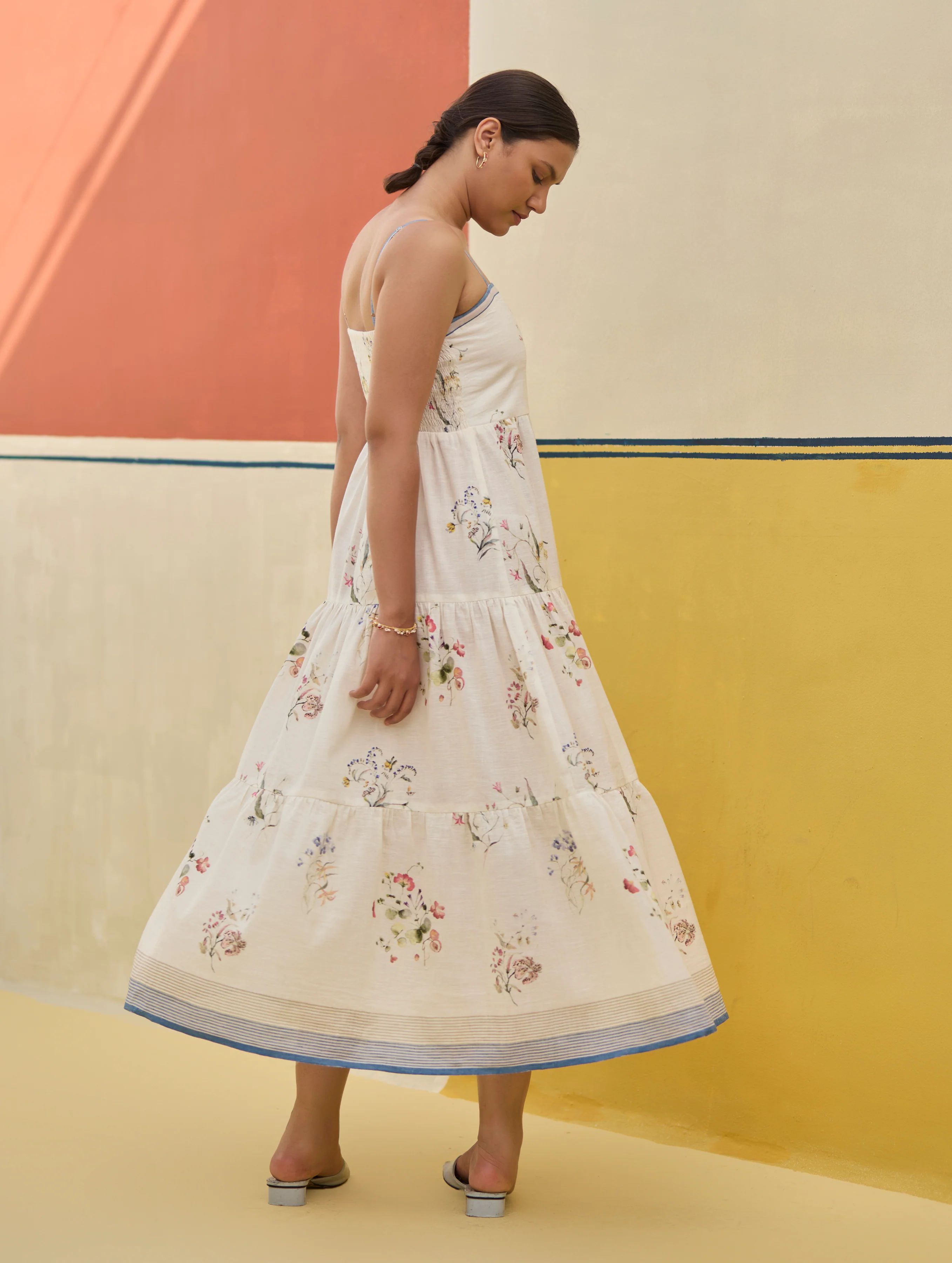 Hena Watercolour Floral Tiered Dress - Ivory - Image 2