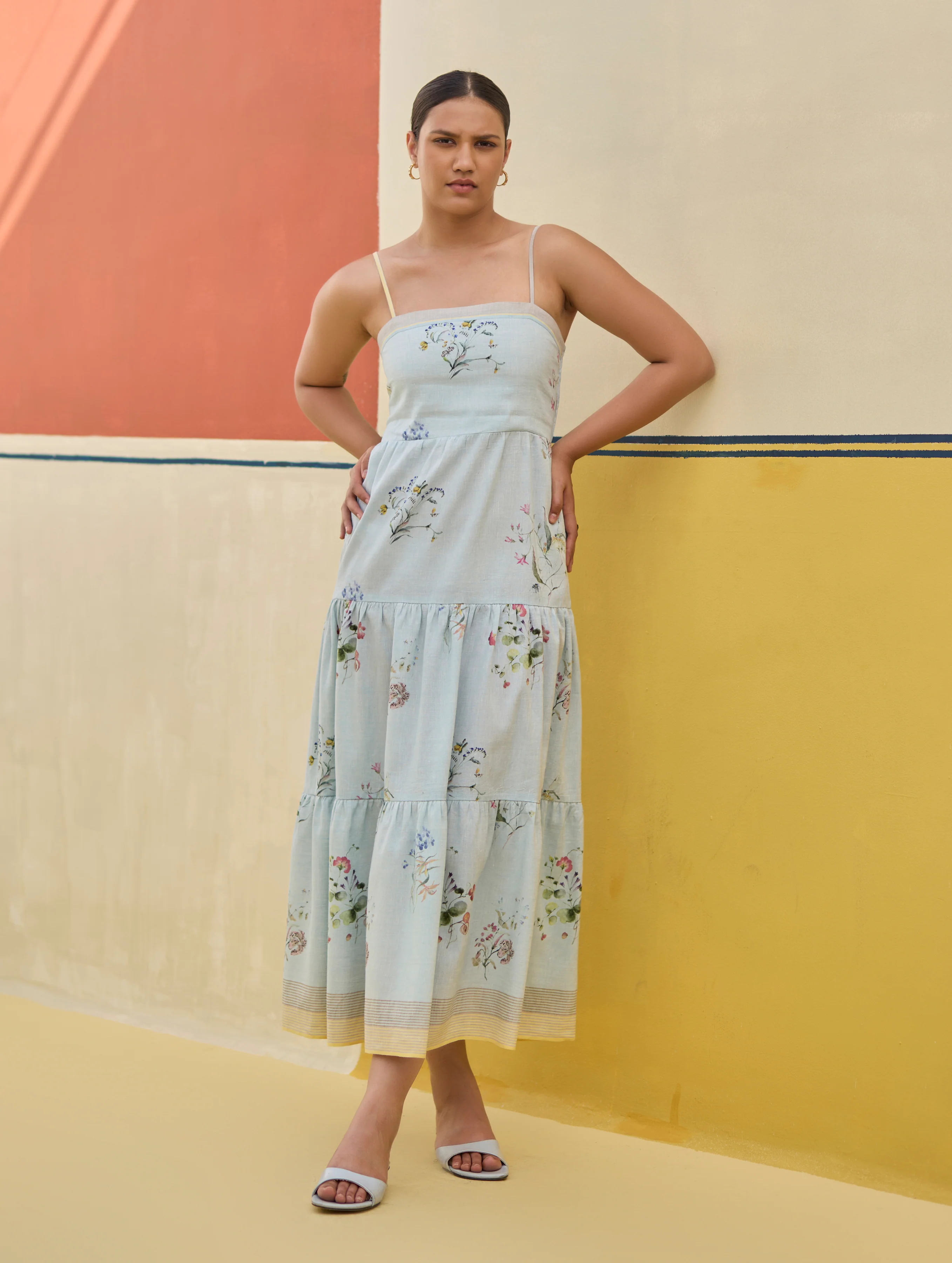 Hena Watercolour Floral Tiered Dress - Sky - Image 3