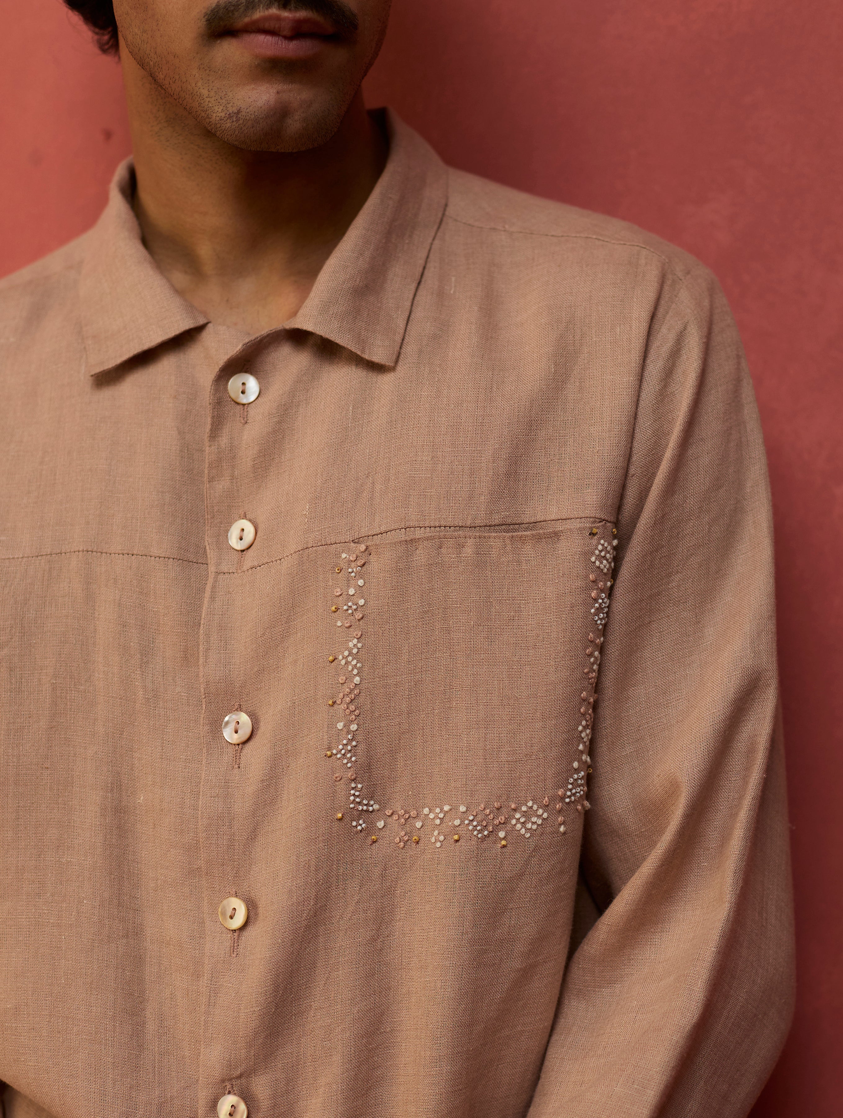Hiro Pocket Embroidered Linen Shirt - Dusty Rose - Image 4