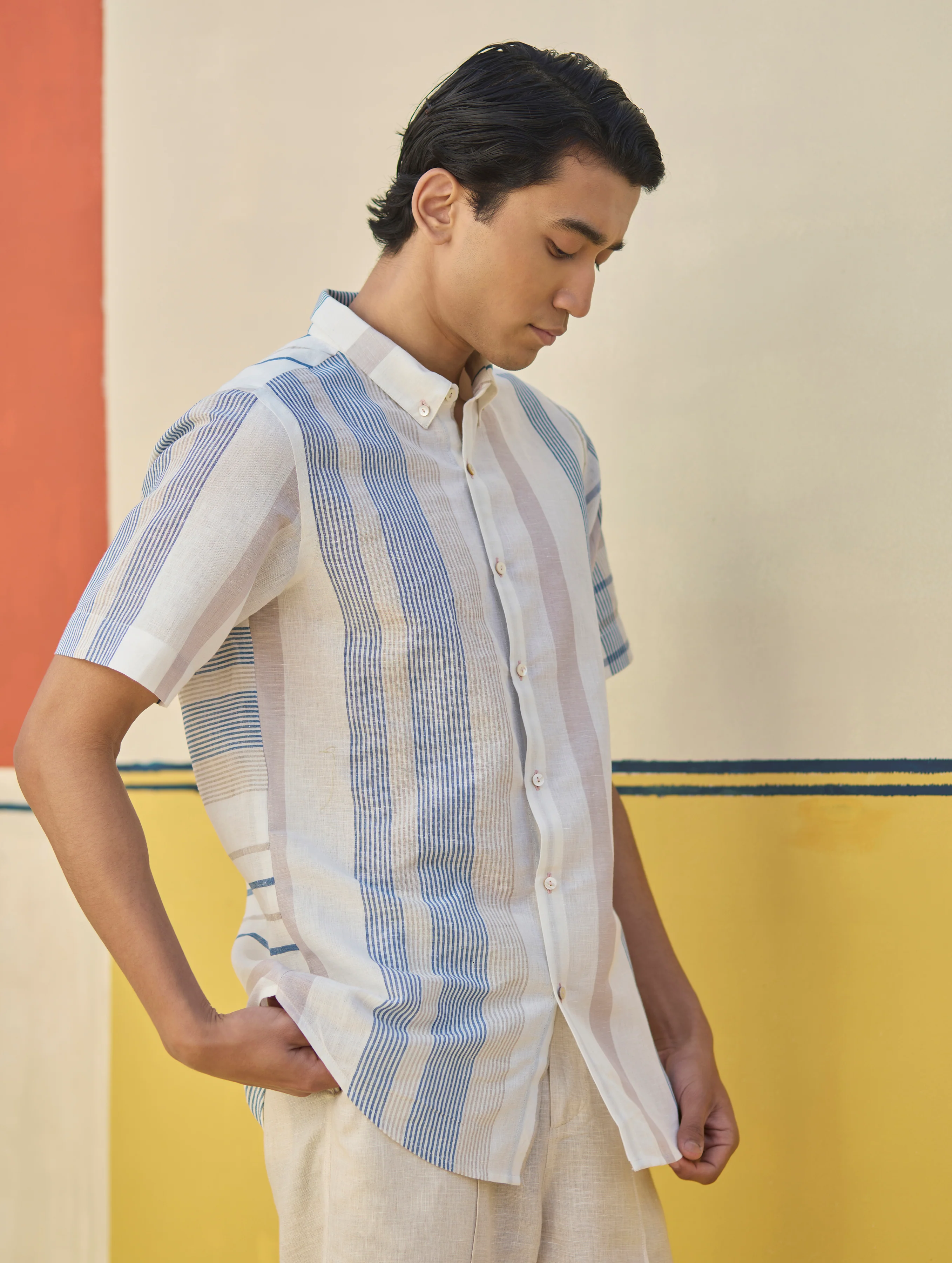 Hosa Modern Check Linen Shirt - Ivory - Image 5
