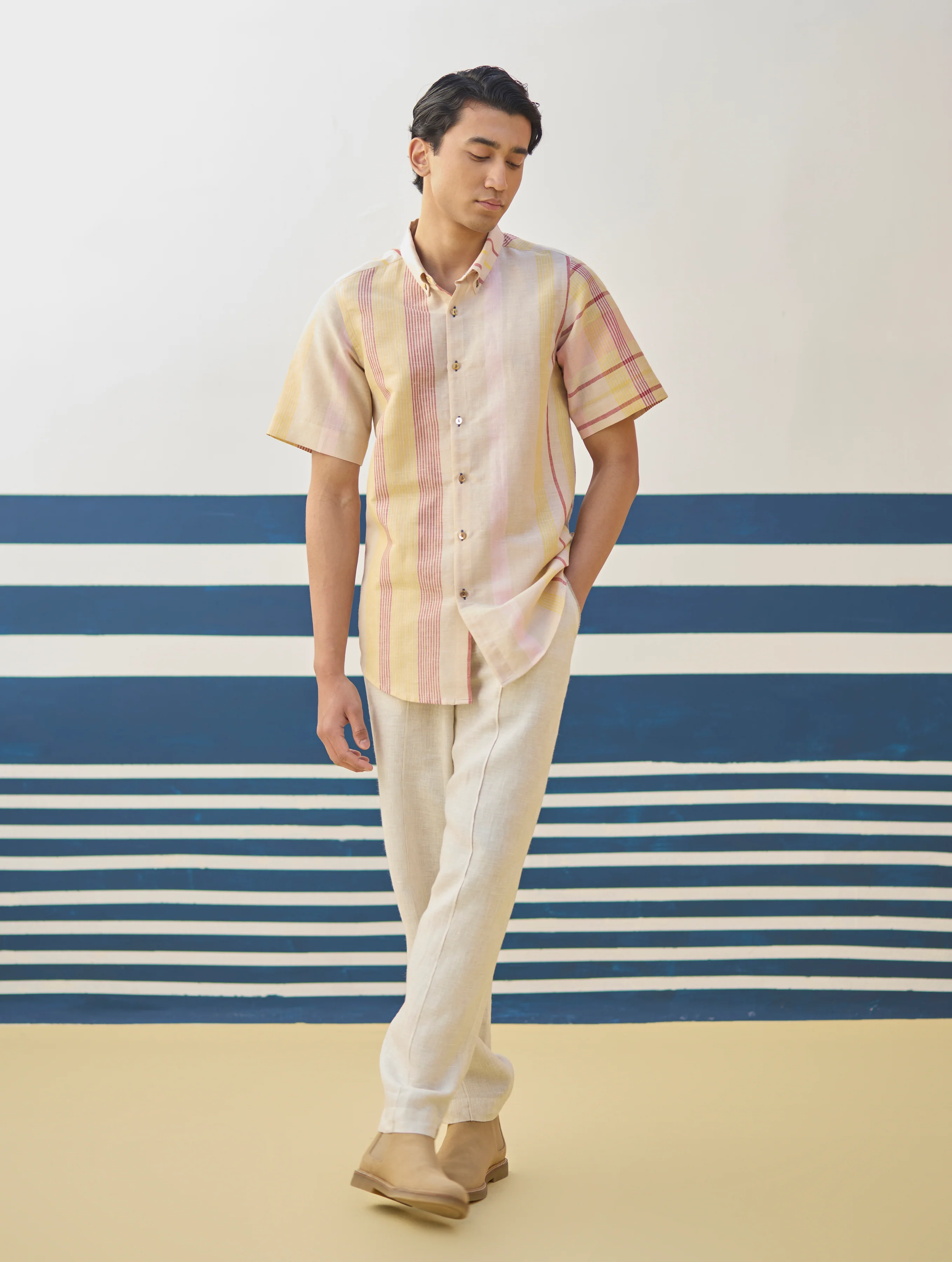 Hosa Modern Check Linen Shirt - Sand - Image 2