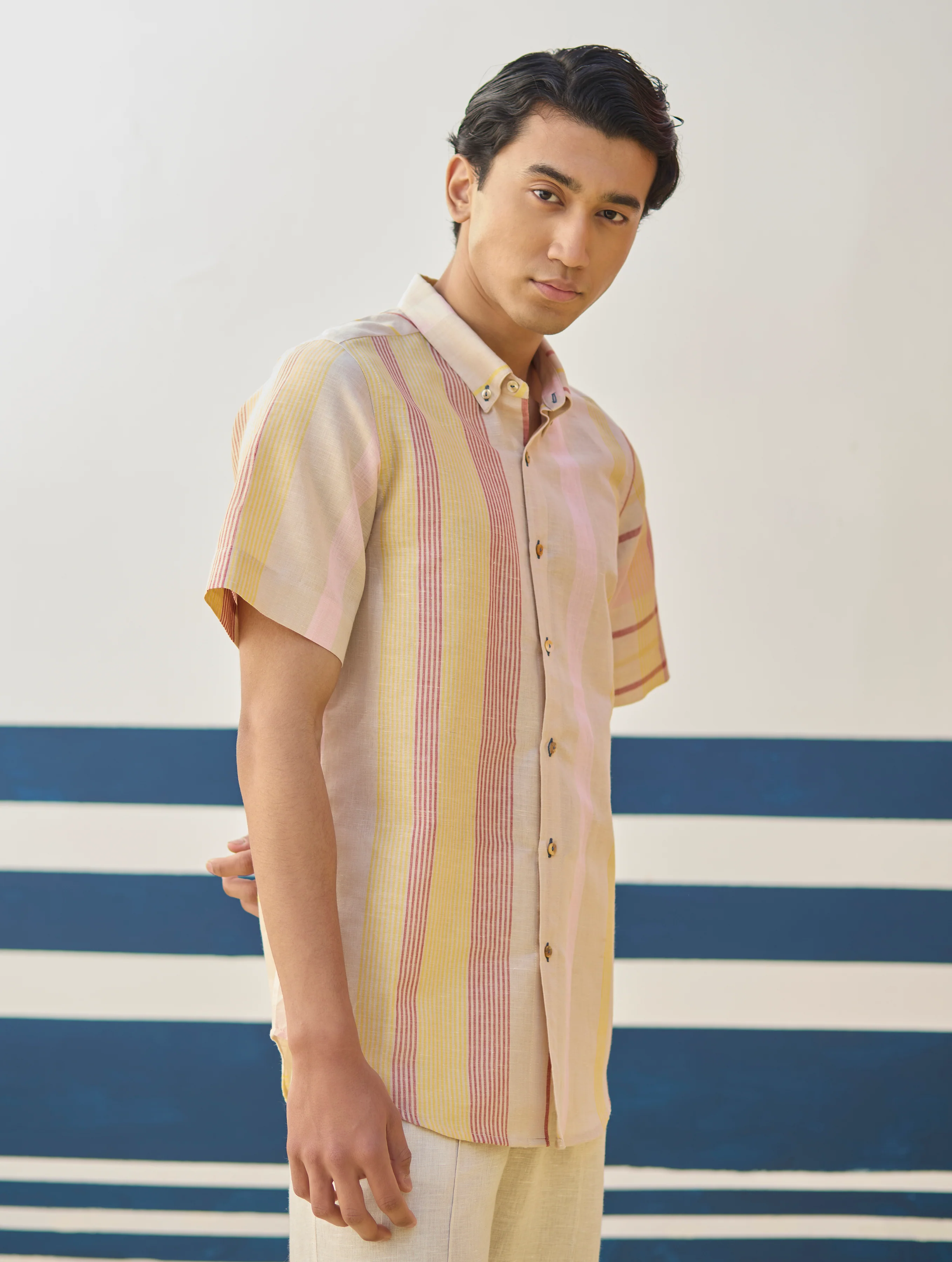 Hosa Modern Check Linen Shirt - Sand - Image 4