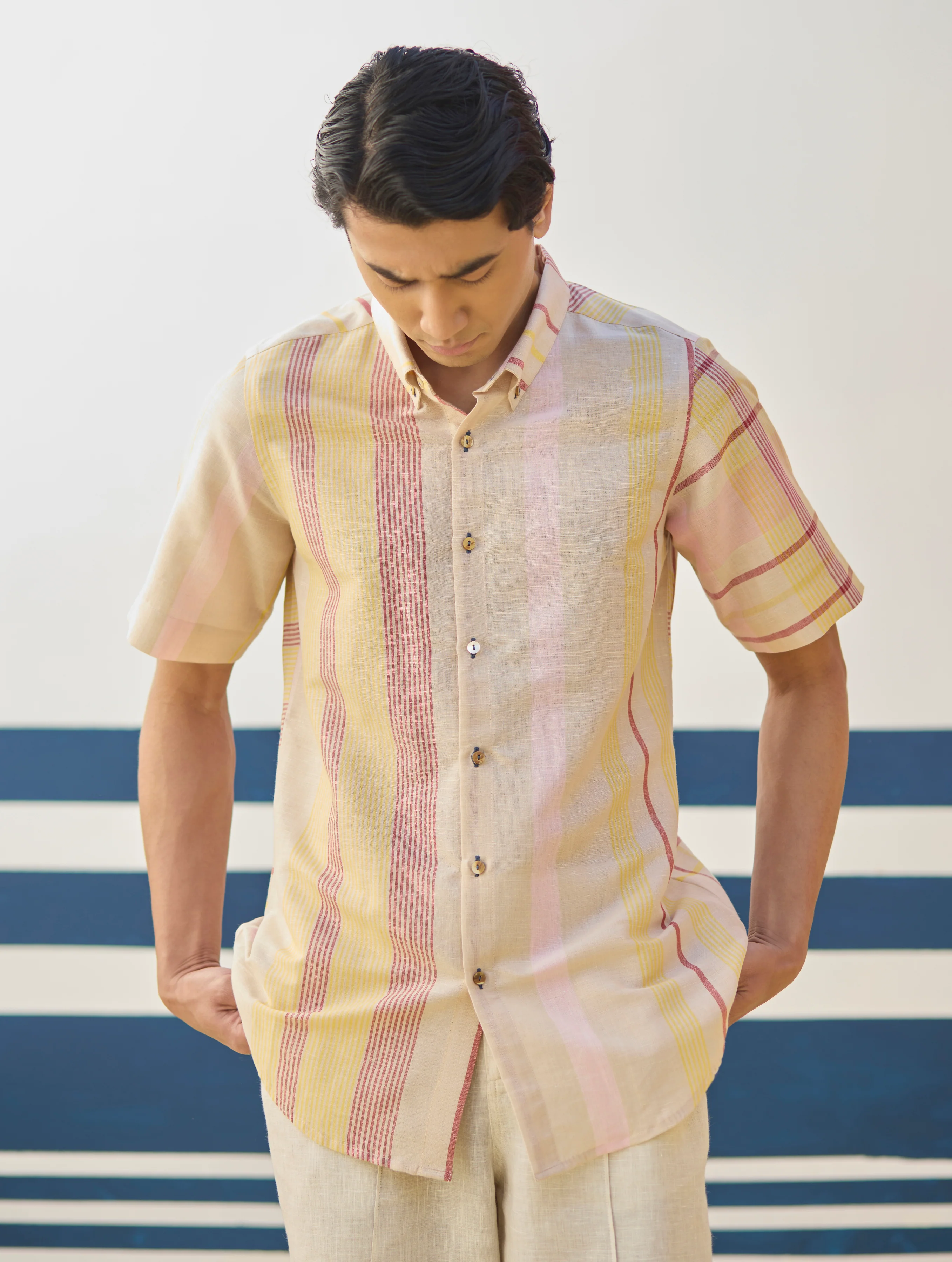 Hosa Modern Check Linen Shirt - Sand - Image 5