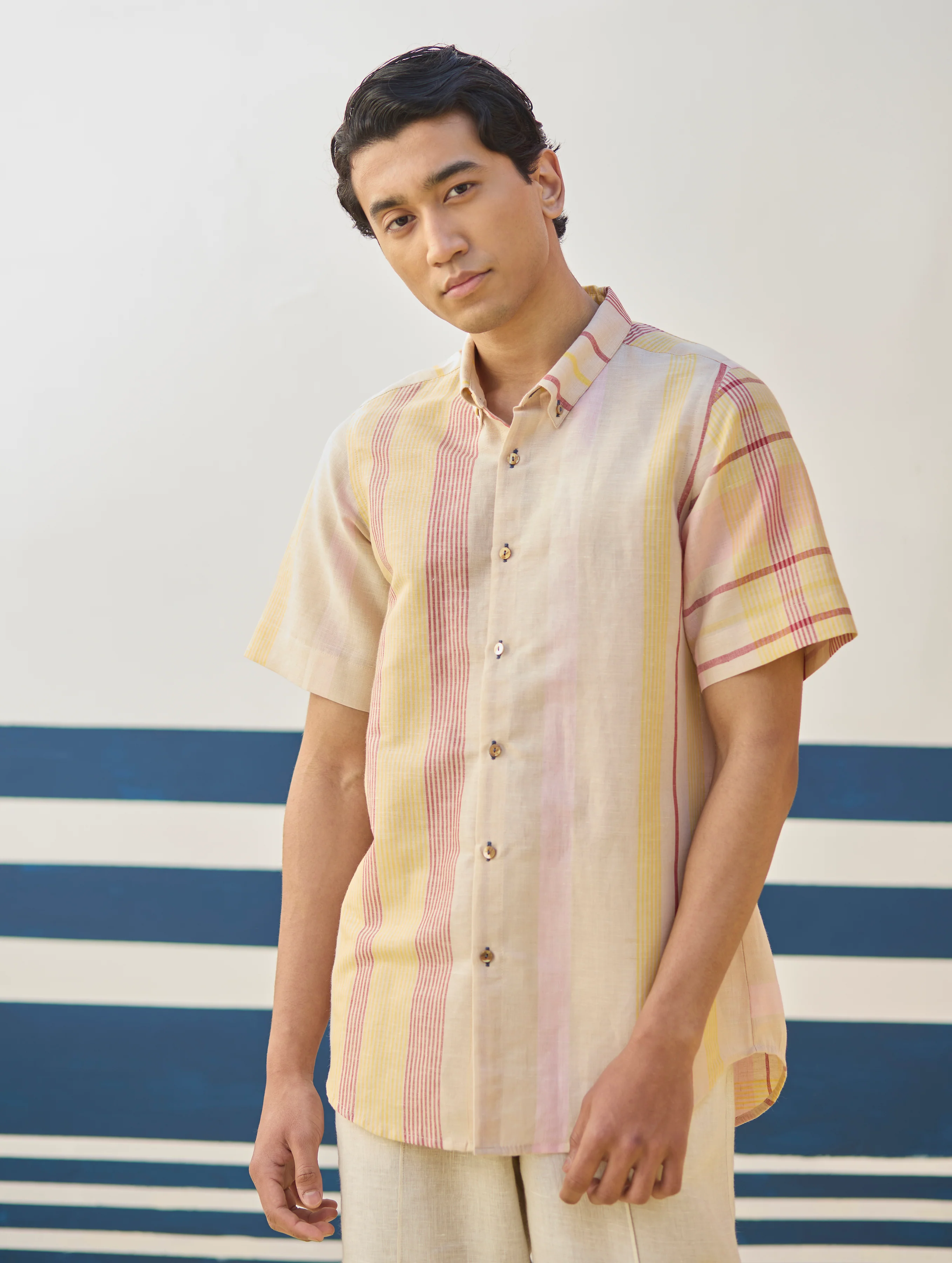 Hosa Modern Check Linen Shirt - Sand - Image 6