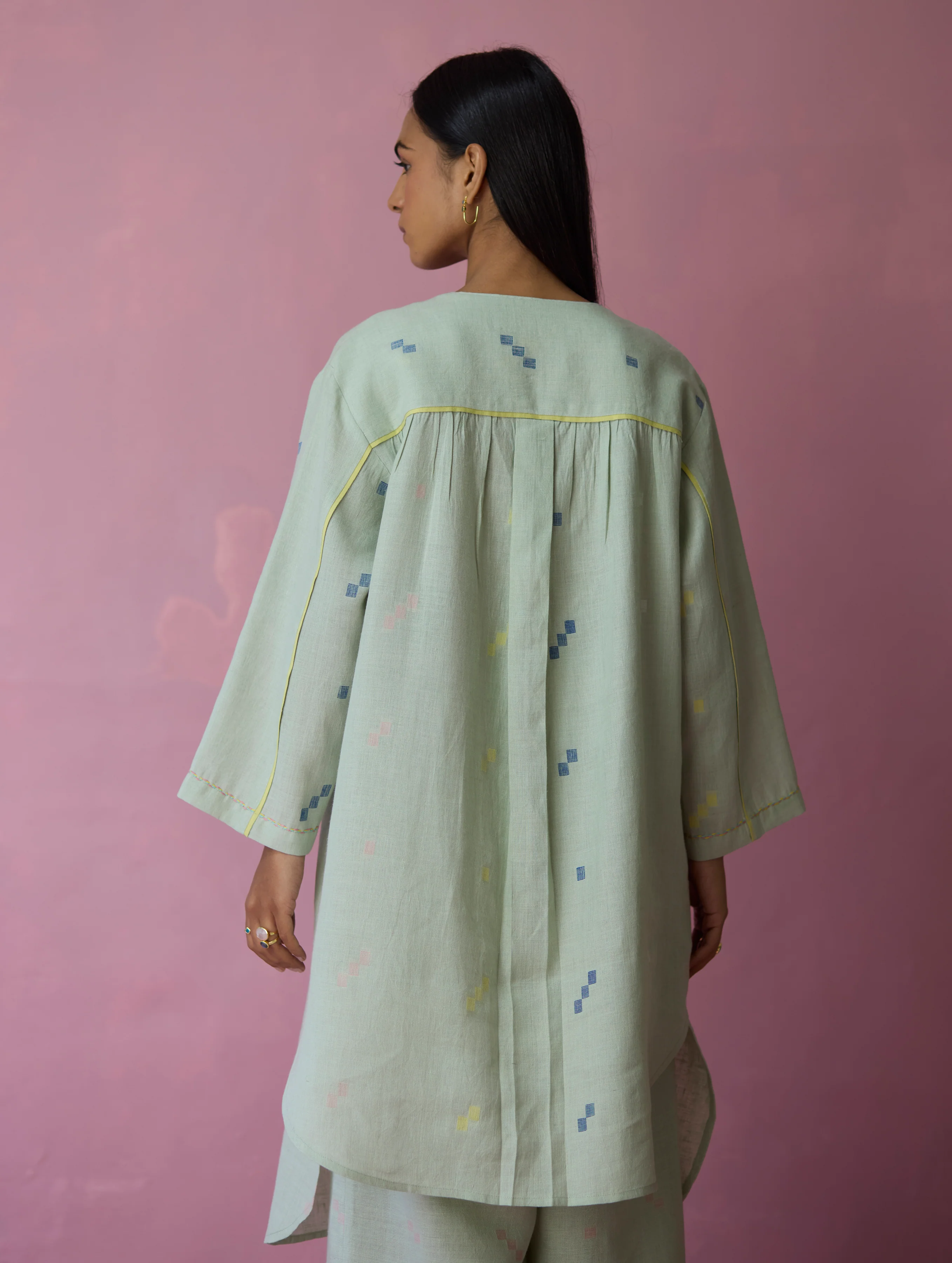 Ikara Jamdani Linen Kurta - Aqua - Image 11