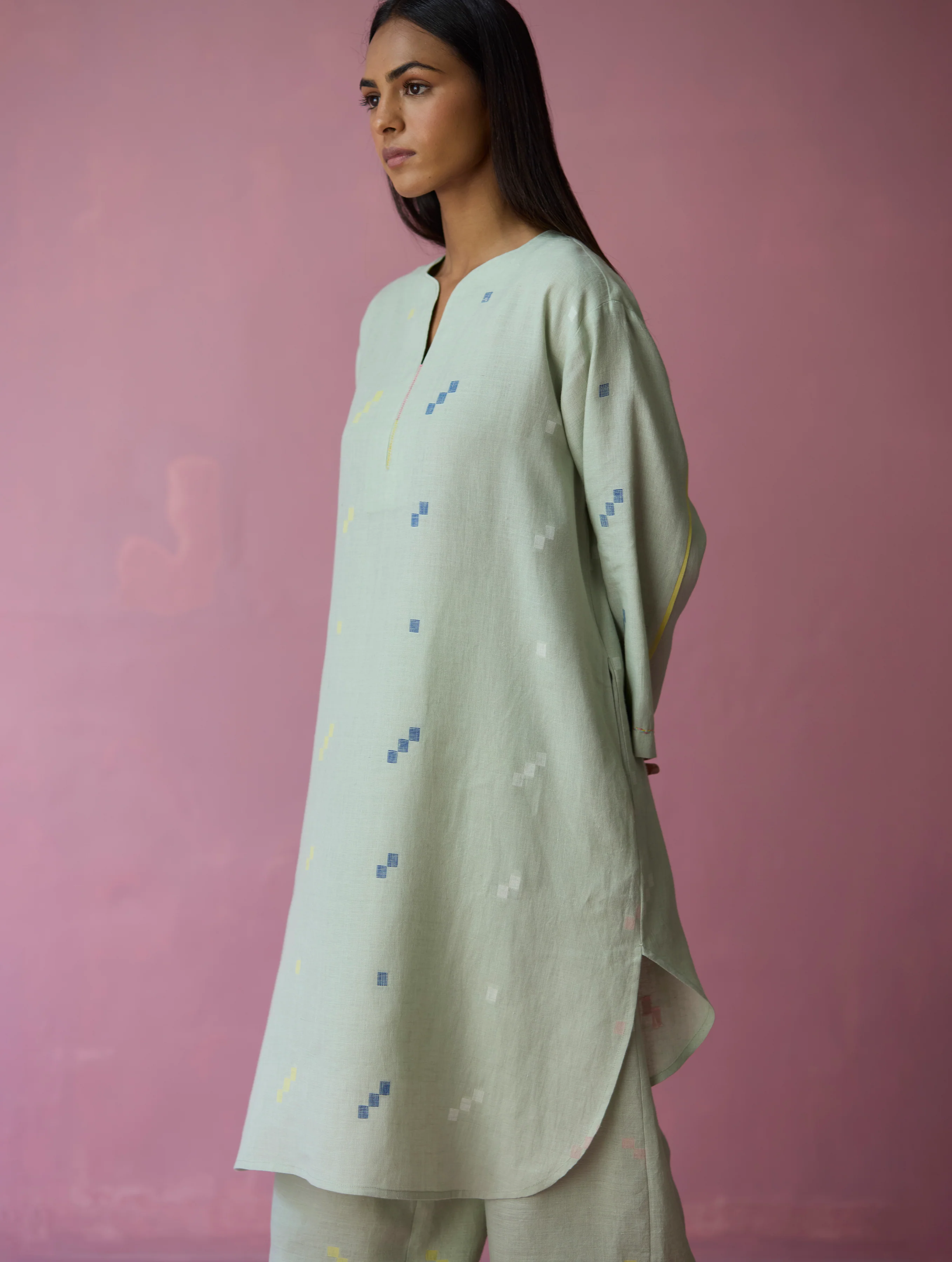 Ikara Jamdani Linen Kurta Set - Aqua - Image 11