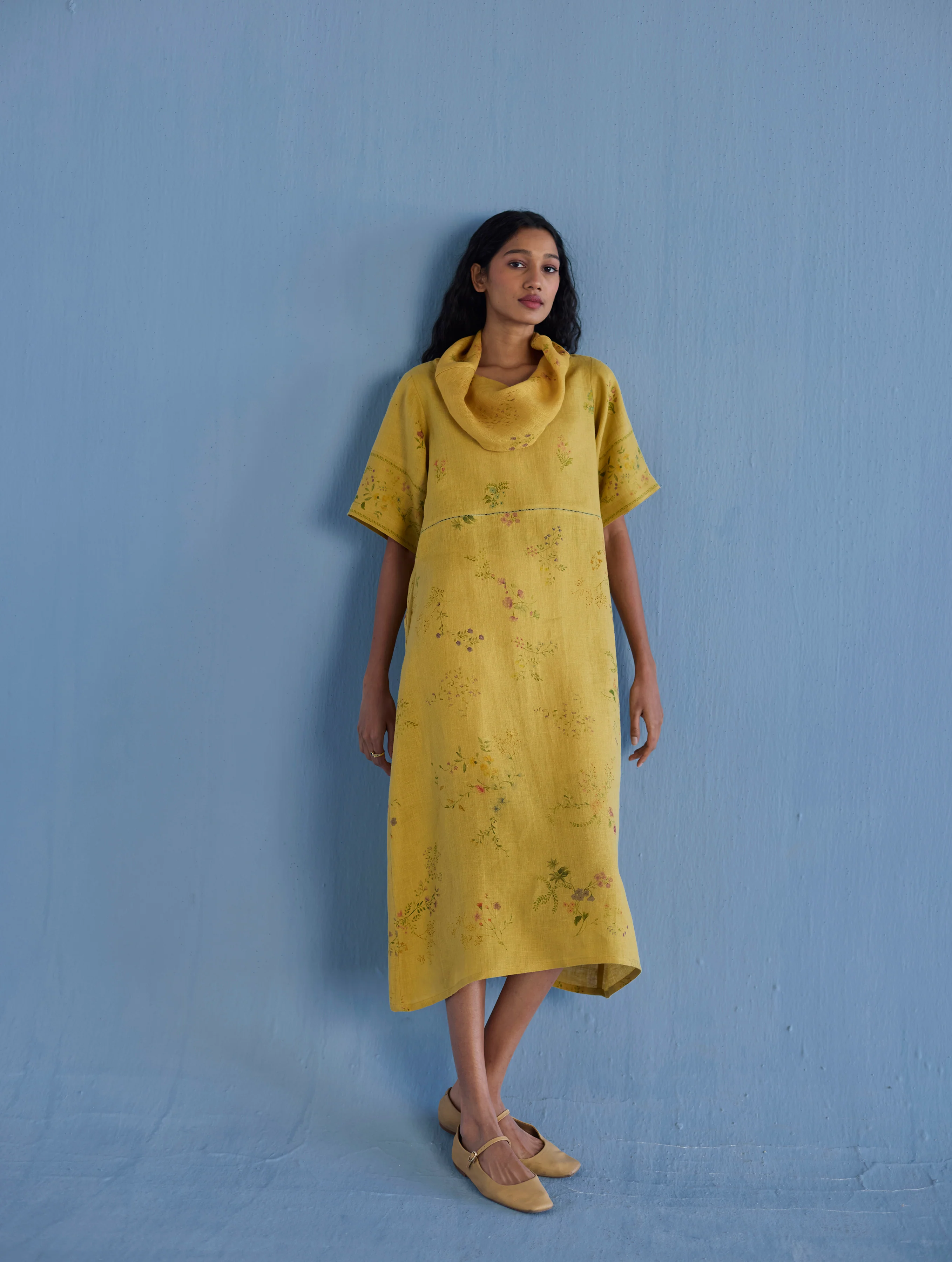 Imara Cowl Neck Linen Dress - Ochre - Image 3