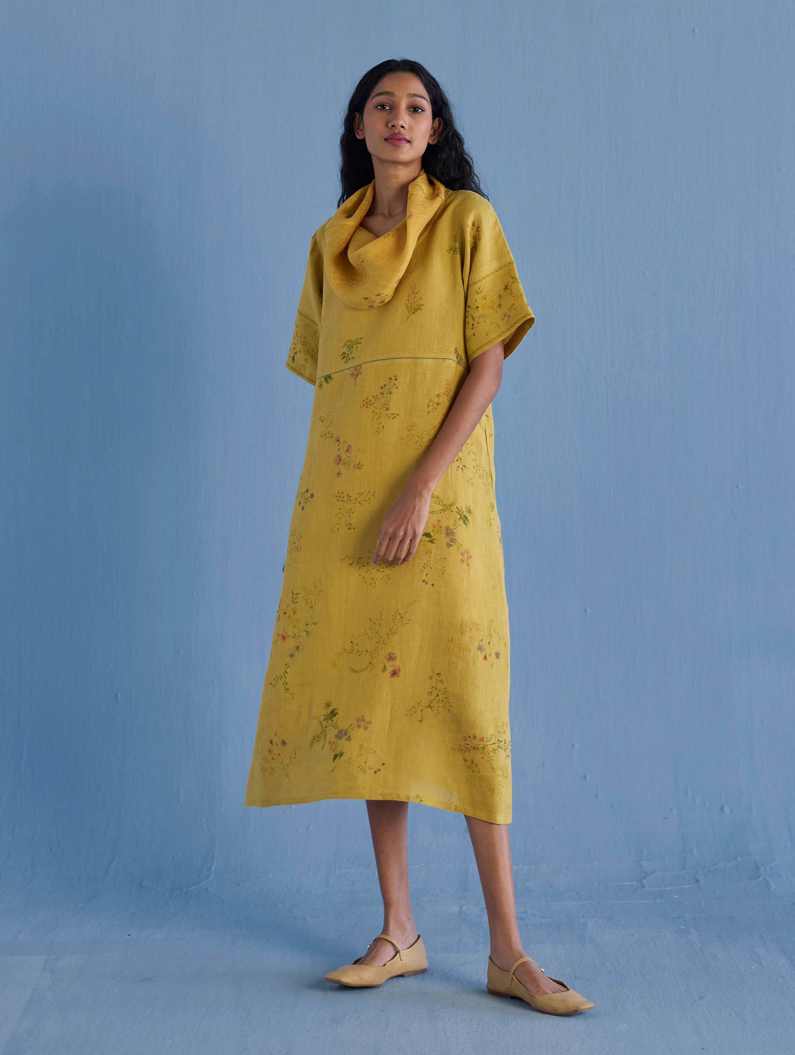 Imara Cowl Neck Linen Dress - Ochre - Image 9