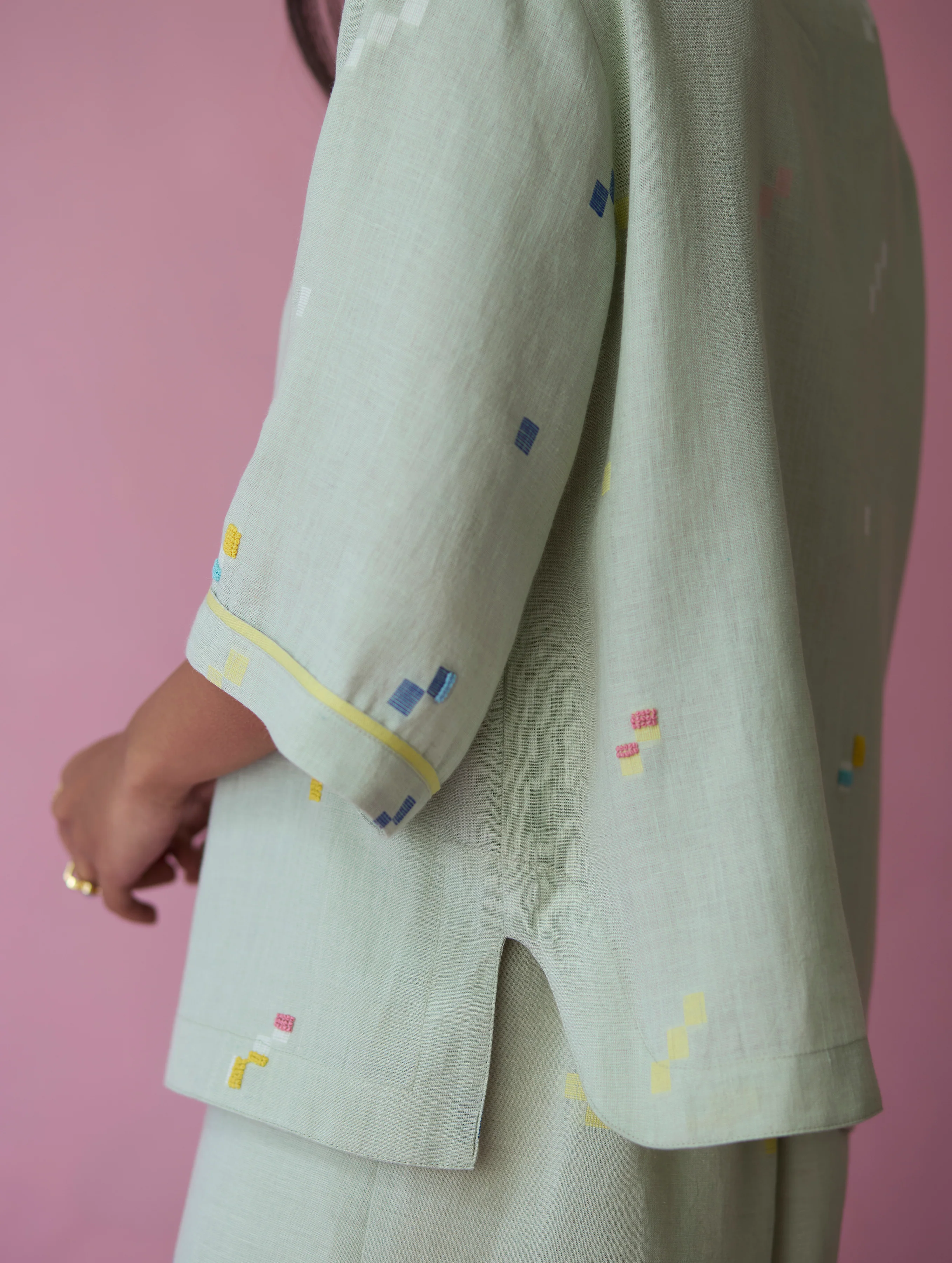 Imri Cuban Collar Jamdani Linen Shirt - Aqua - Image 6