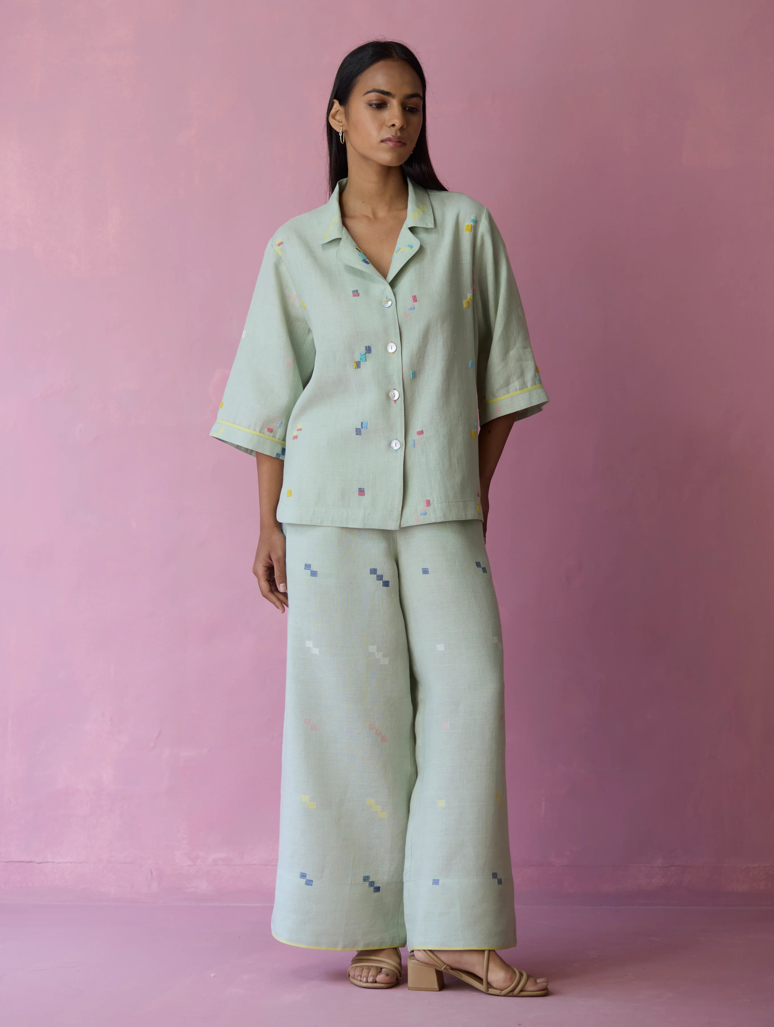 Imri Cuban Collar Jamdani Linen Shirt - Aqua - Image 9